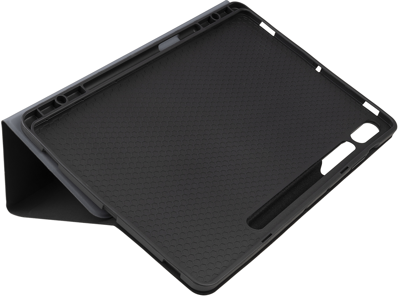L'interno di una custodia per tablet. È nero con una superficie strutturata. La custodia è aperta.