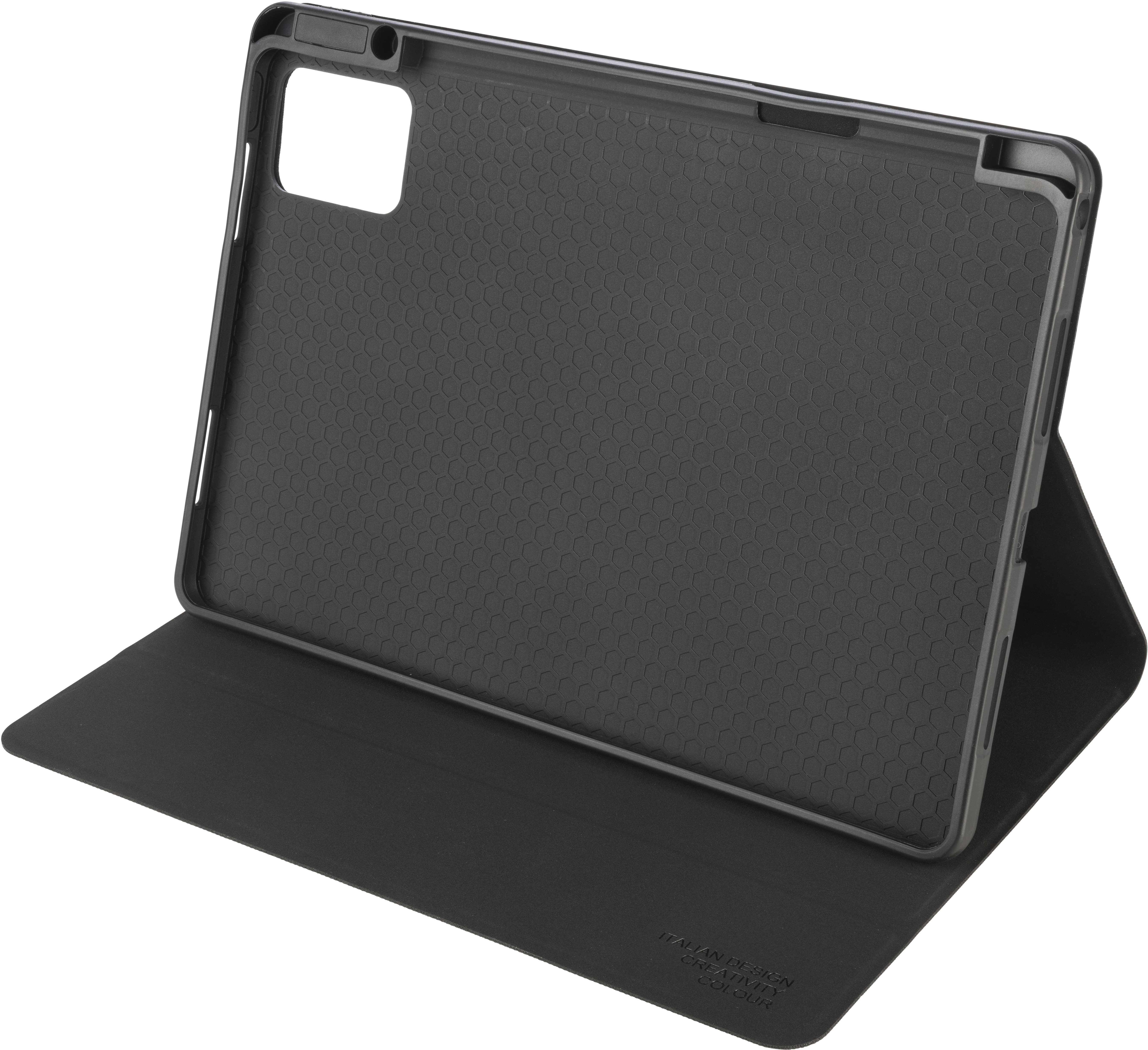 Eine schwarze Tablethülle, geöffnet, um das Tablet im Inneren zu zeigen.