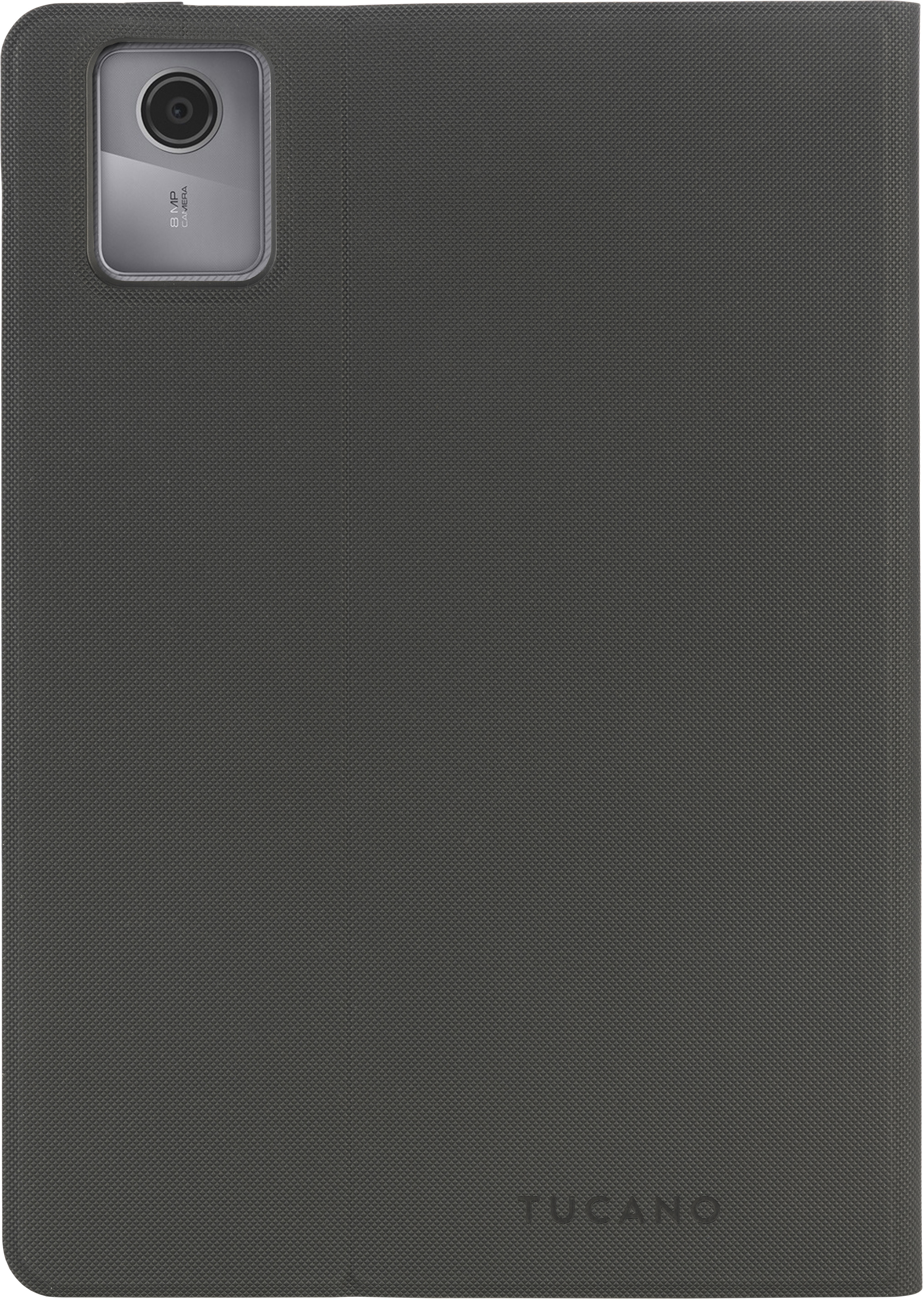 Eine Tablet-Hülle mit einem Kameraobjektiv oben. Die Hülle ist dunkelgrau und strukturiert.