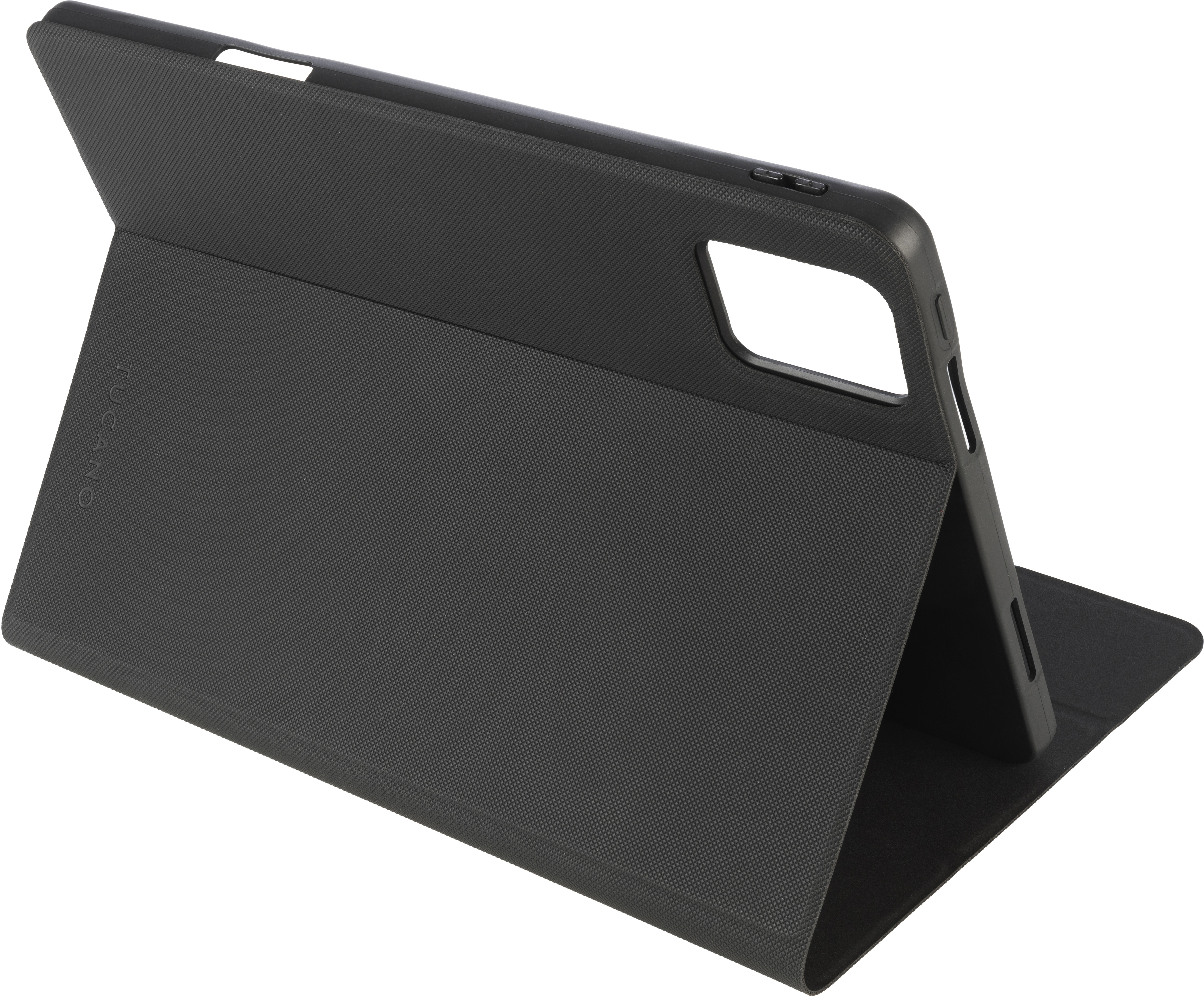 Eine zusammengeklappte, schwarze Tablethülle. Die Hülle ist abgewinkelt, mit einem Tablet darin.