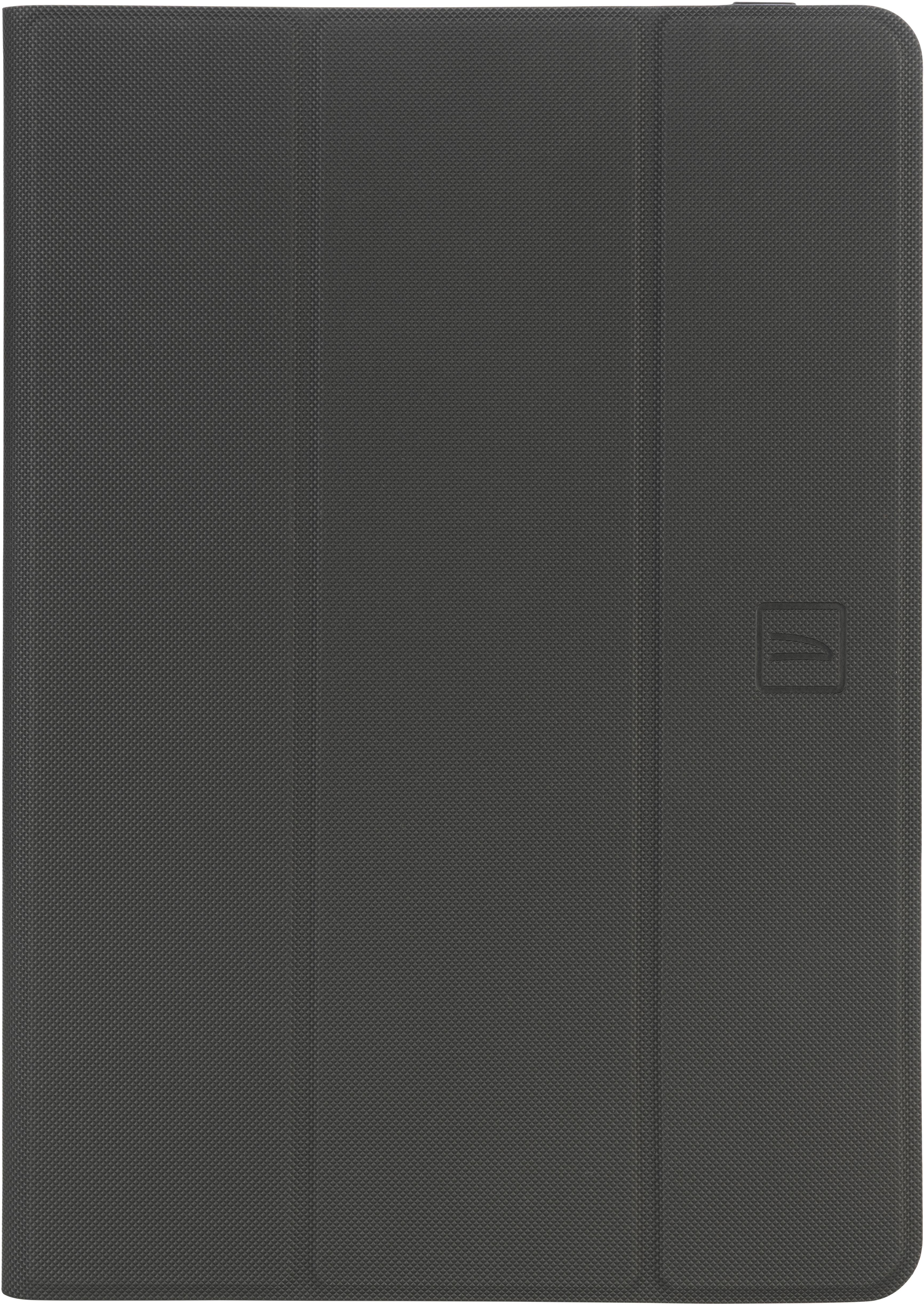 Dunkelgraue Tablethülle. Der Deckel ist gefaltet, mit Markenlogo rechts.