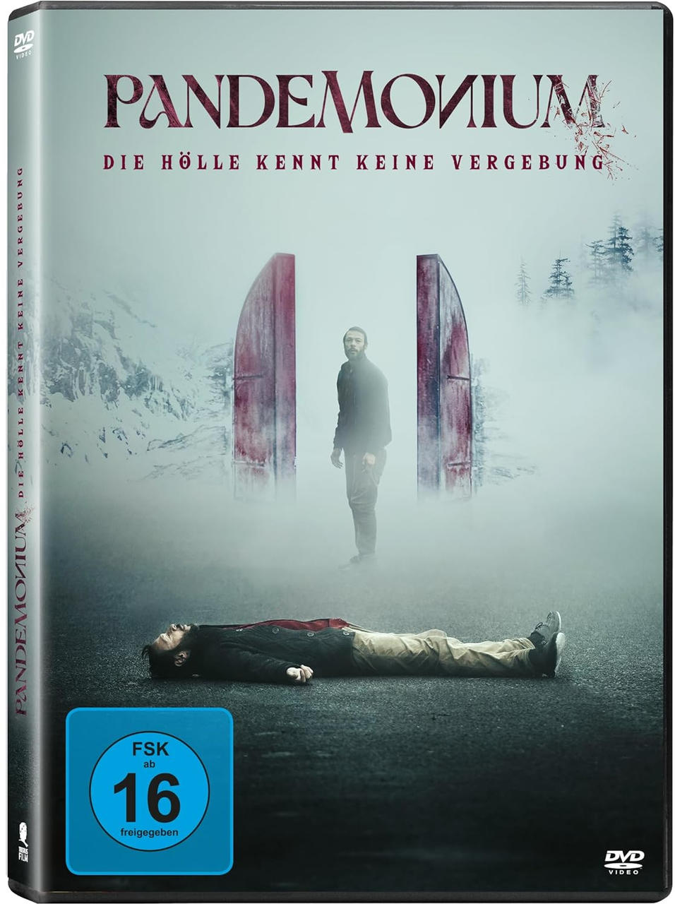 DVD-Cover des Films Pandemonium, mit einem Mann am Boden und einem anderen im Nebel.