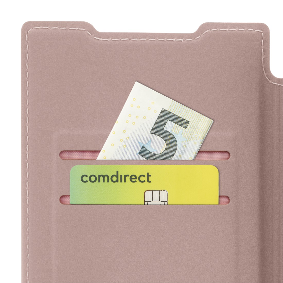 Ein rosa Kartenhalter mit einem Fünf-Euro-Schein und einer 'comdirect'-Kreditkarte.