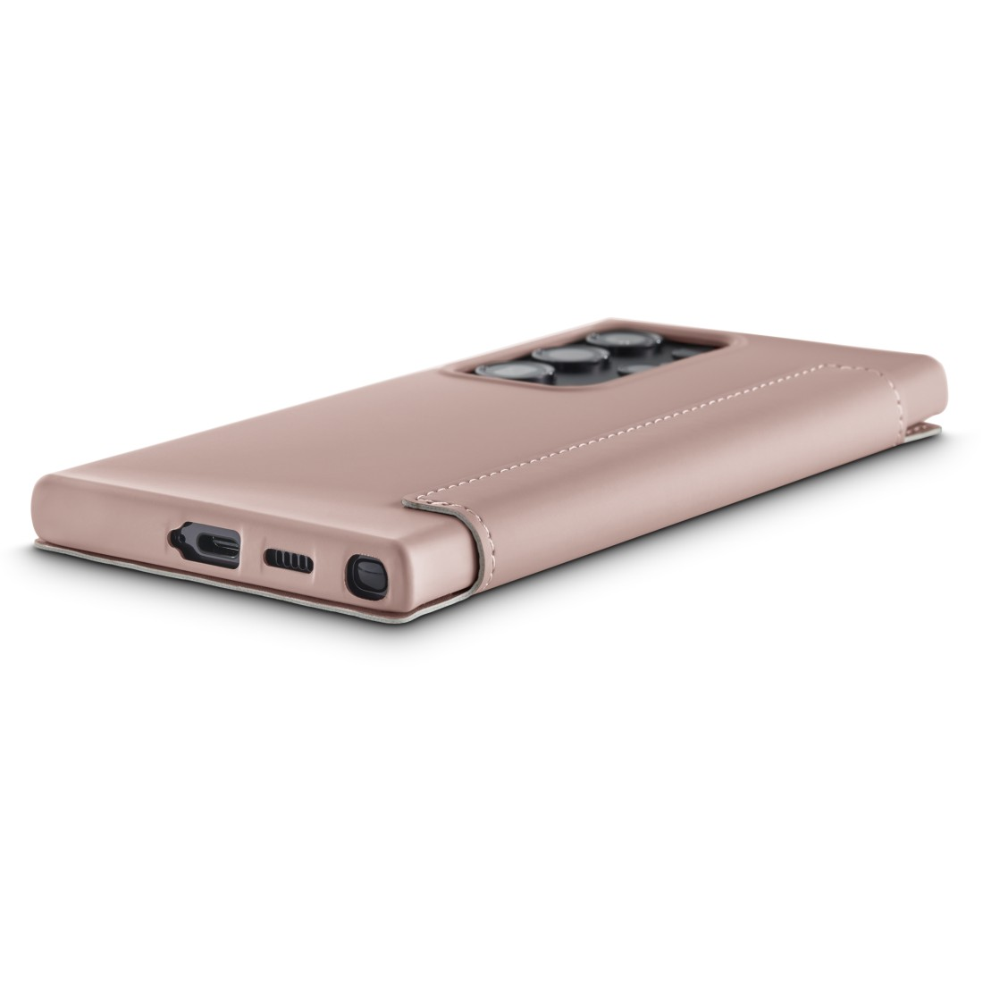 Eine pinkfarbene Handyhülle mit dem Telefon darin, angewinkelt.