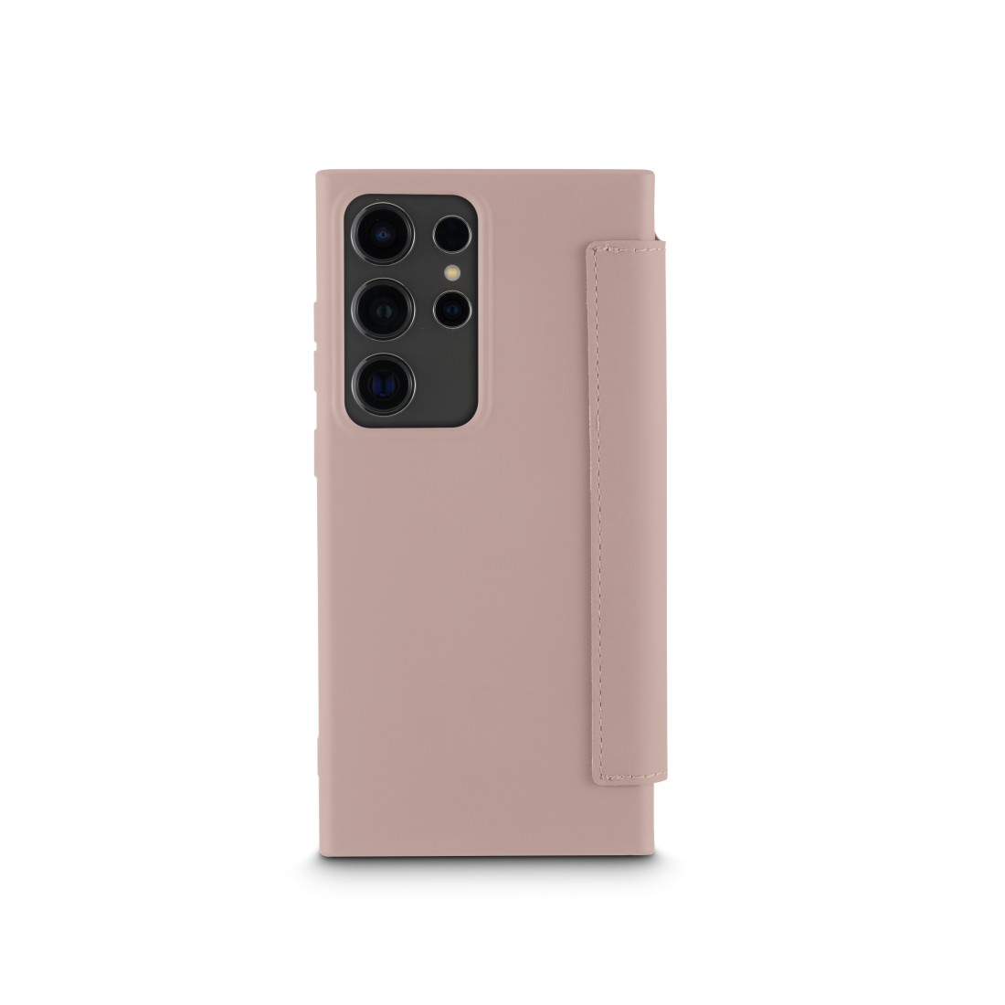 Eine rosa Handyhülle mit Kartenhalter und einem schwarzen Telefon mit Kameras.