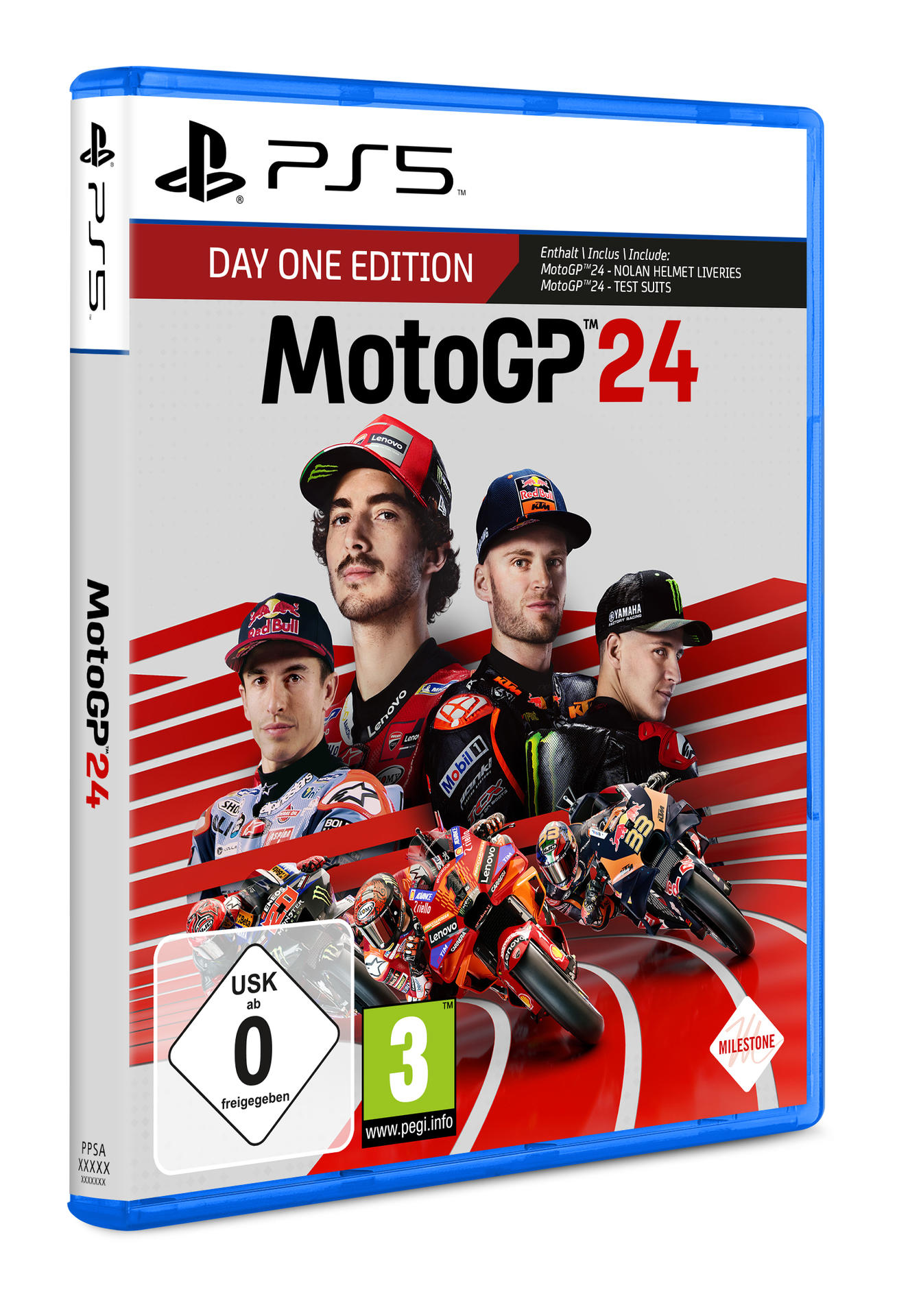 PS5-Spielbox von MotoGP24 mit Rennfahrern und Motorrädern. Rotes und weißes Streifendesign.