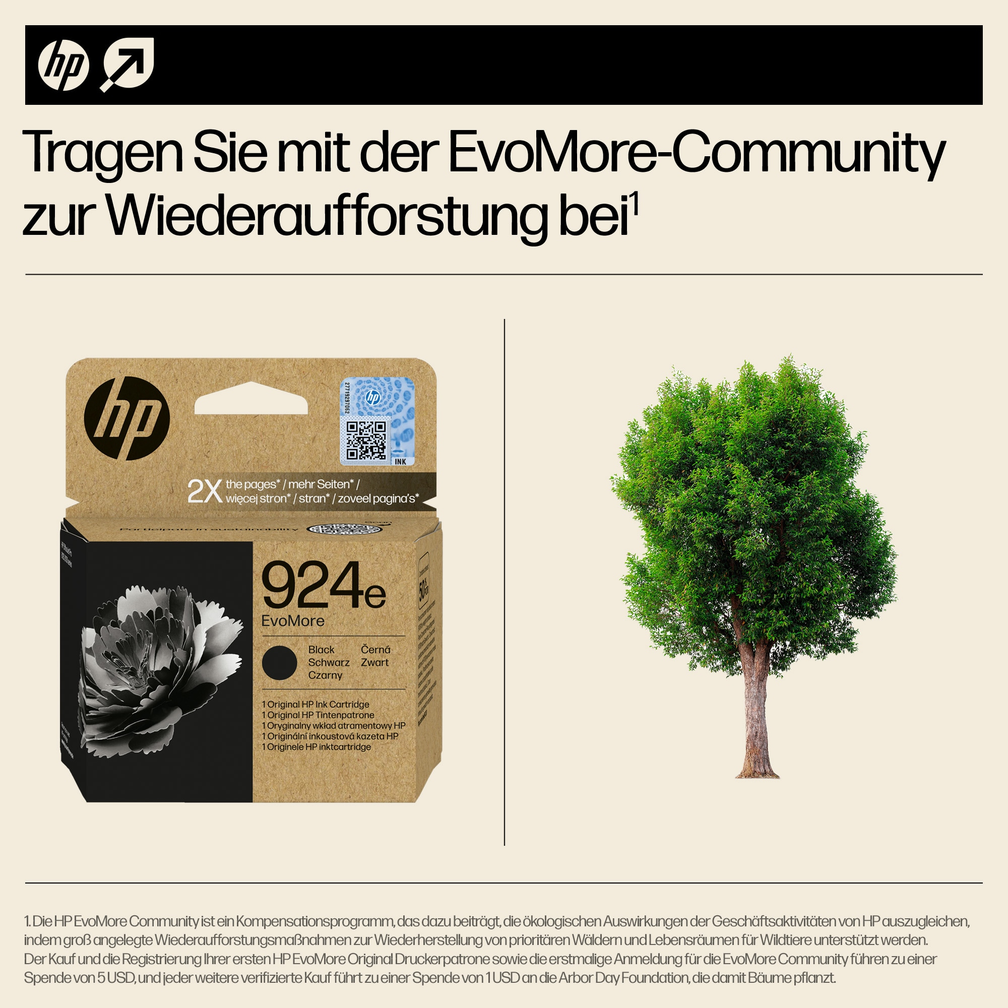 HP-Druckertintenkasten mit Baum. Text auf Deutsch. Weißer Hintergrund.
