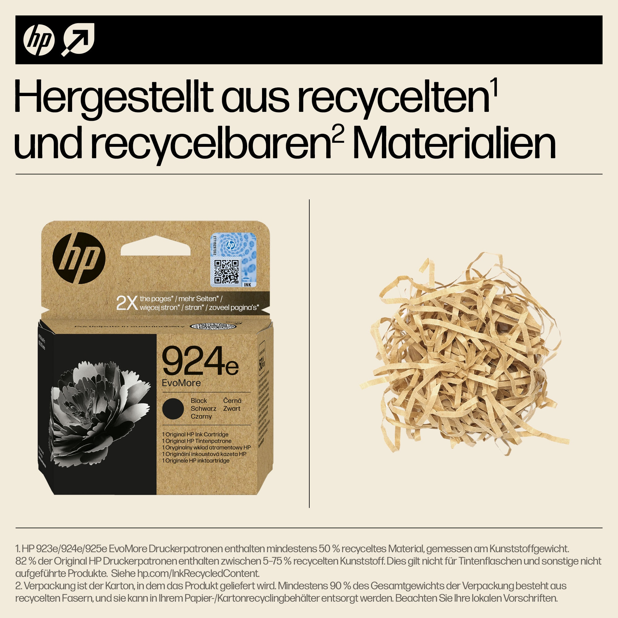 Tintenpatronenbox und geschreddertes Papier auf Weiß.