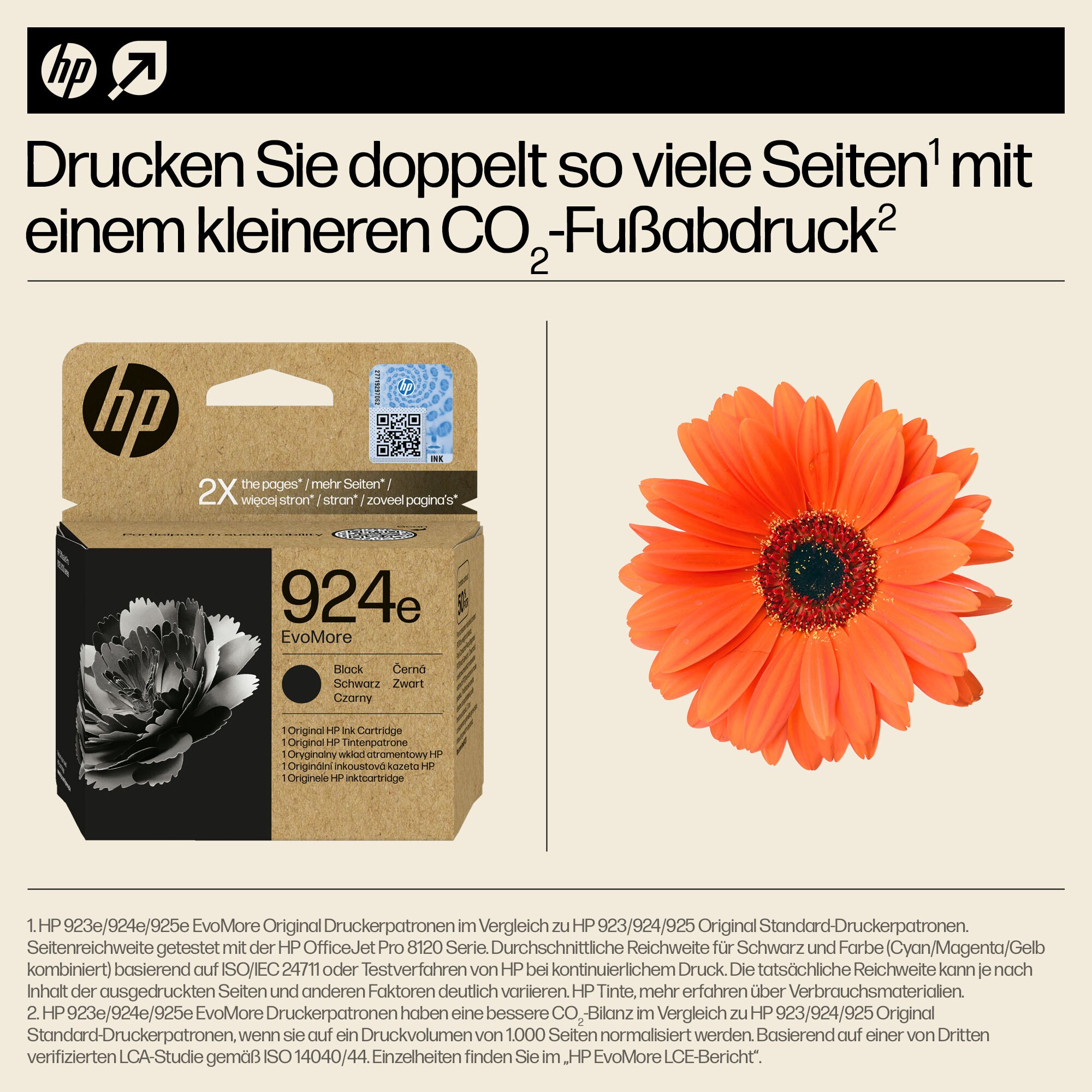 HP Druckerpatronenverpackung. Im Hintergrund eine orangefarbene Blume, mit Text zum Drucken.