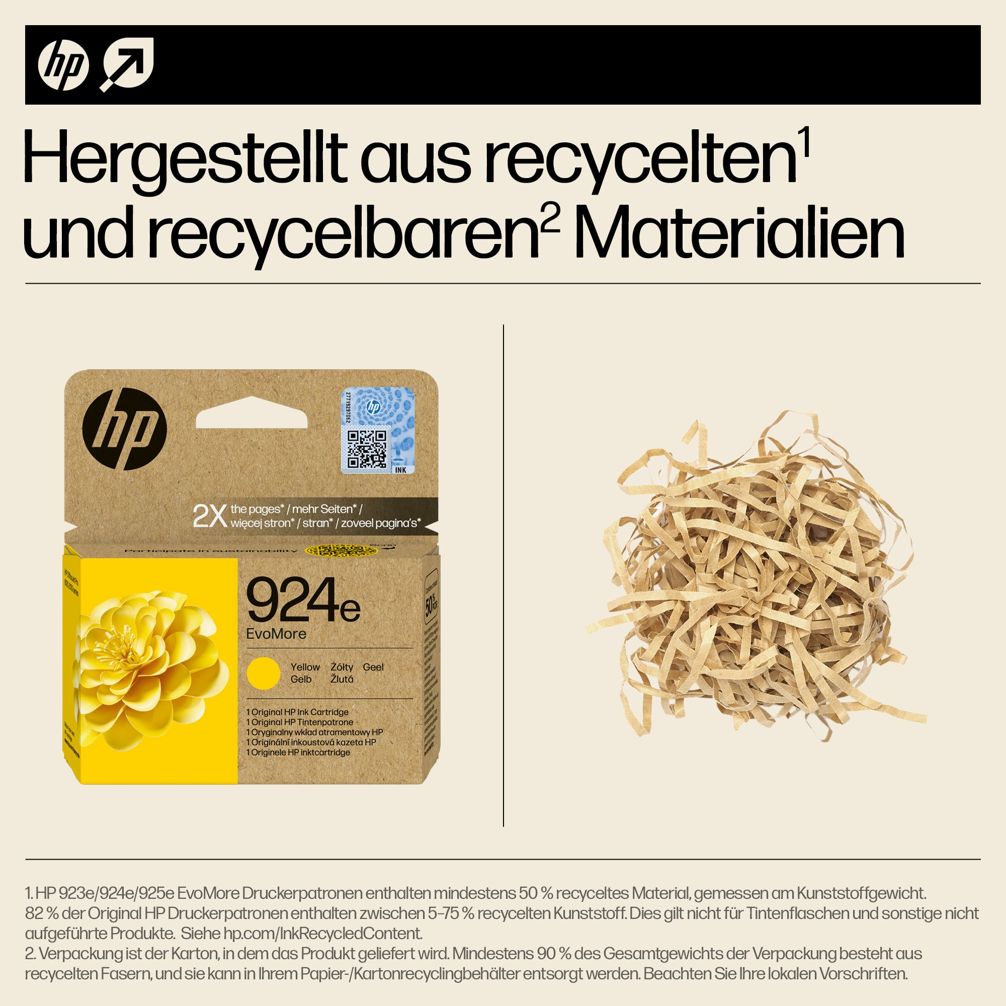 HP Druckerpatrone und geschreddertes Papier, mit Text. Gelbe und braune Farben.