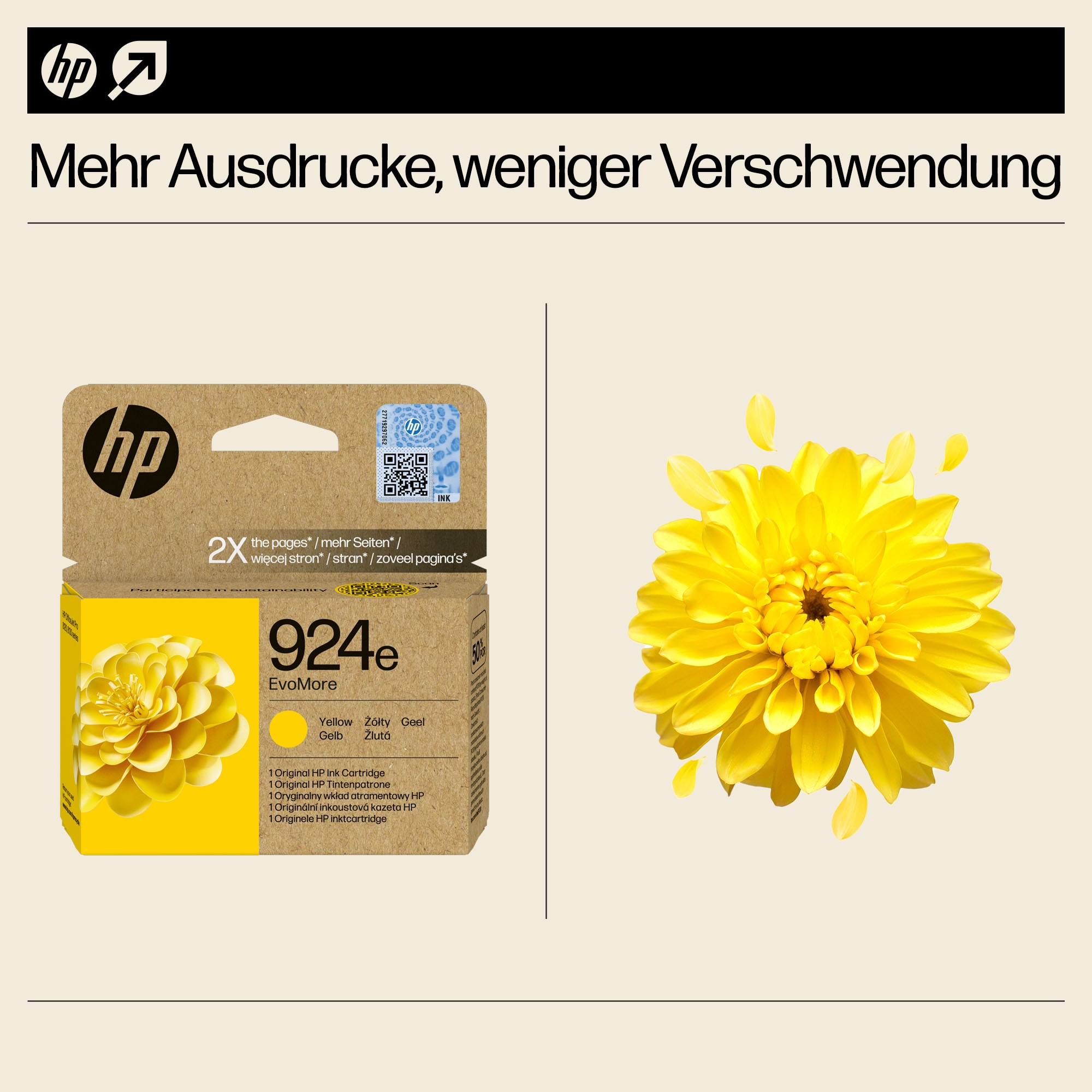 Gelbe Tintenpatrone und eine gelbe Blume mit Blütenblättern auf einem Tisch.