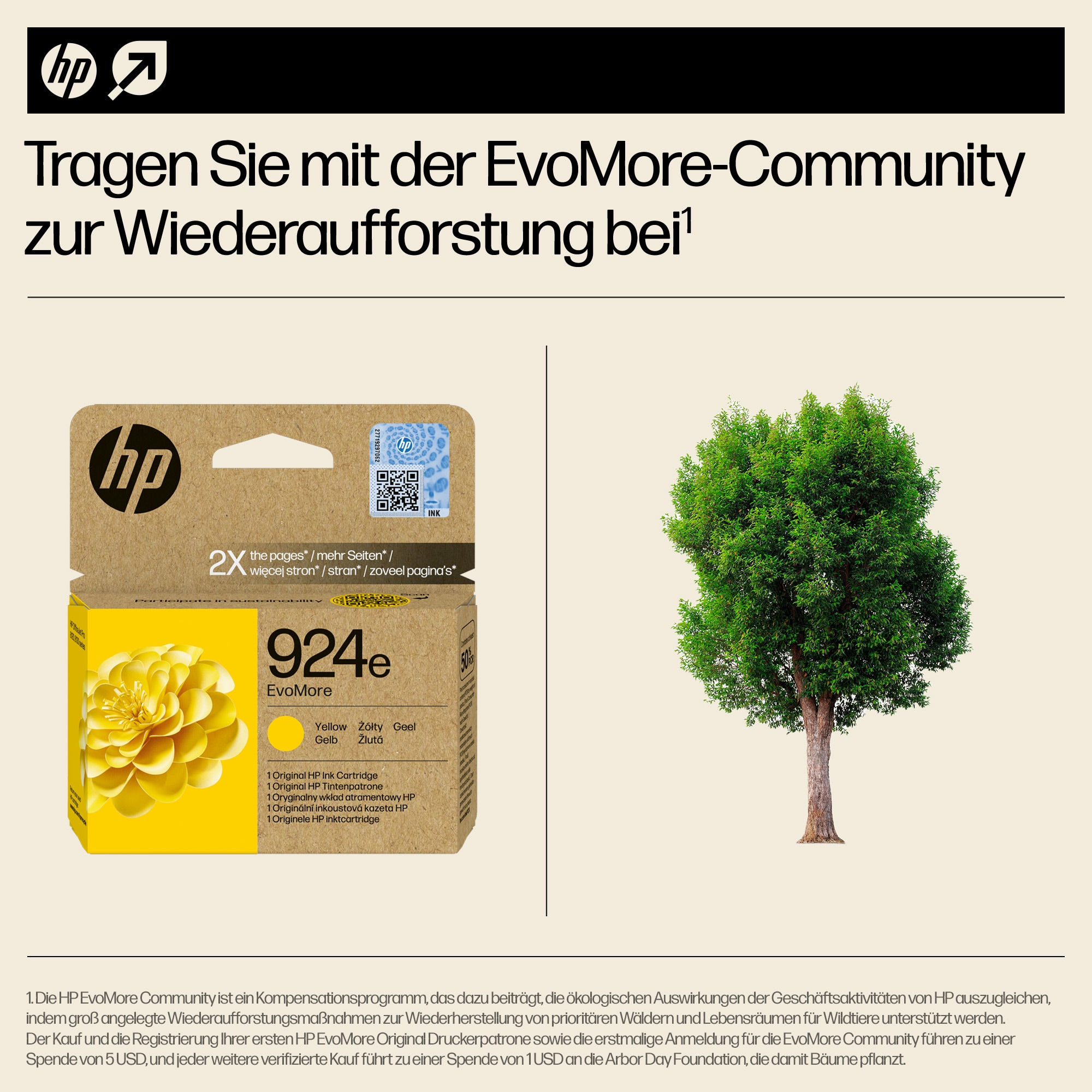 HP Tintenpatronenbox mit Baumgrafik, wirbt für die EvoMore-Community.
