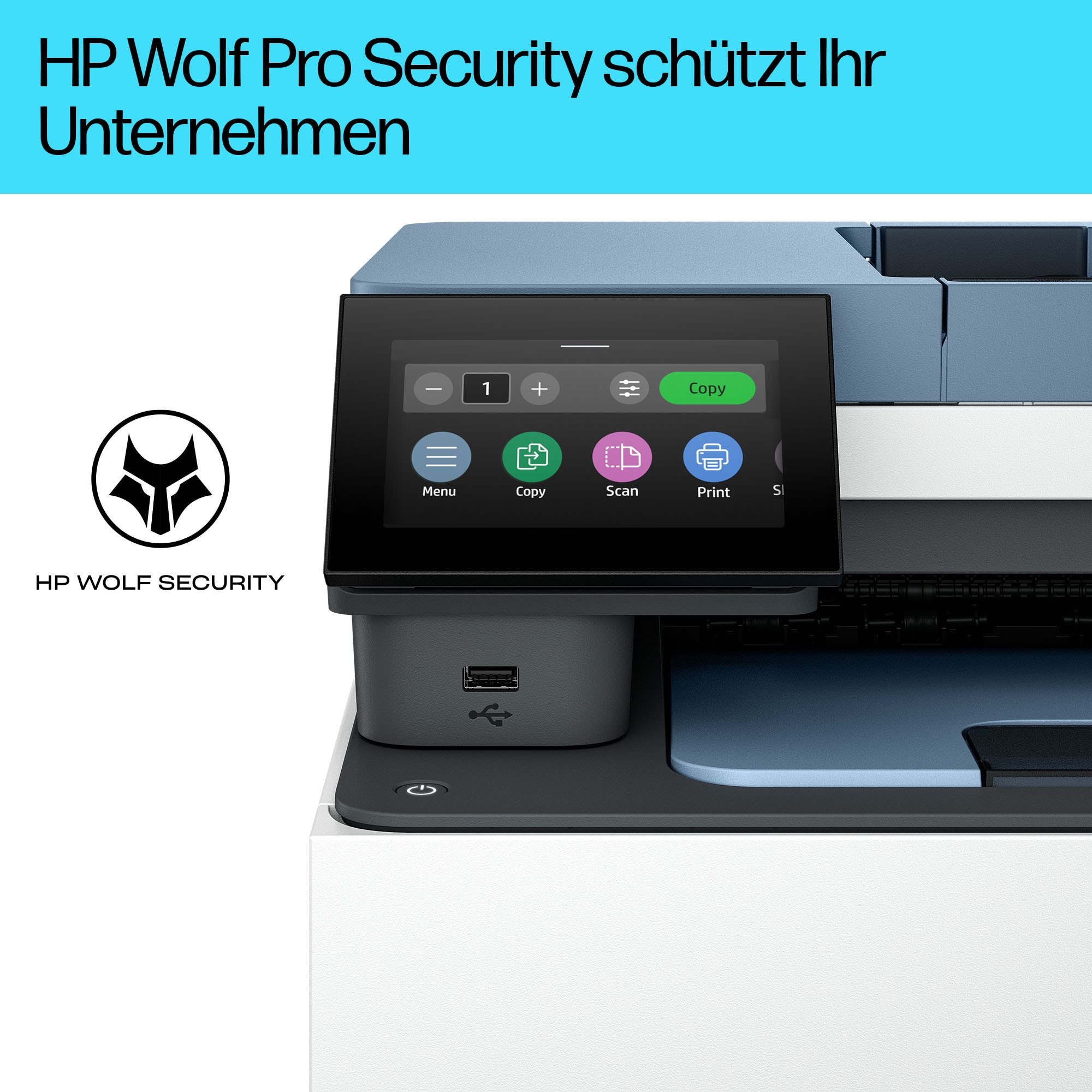 Eine blaue Blume und eine Tintenpatronenbox werden angezeigt. Die Box hat das HP-Logo und Text.