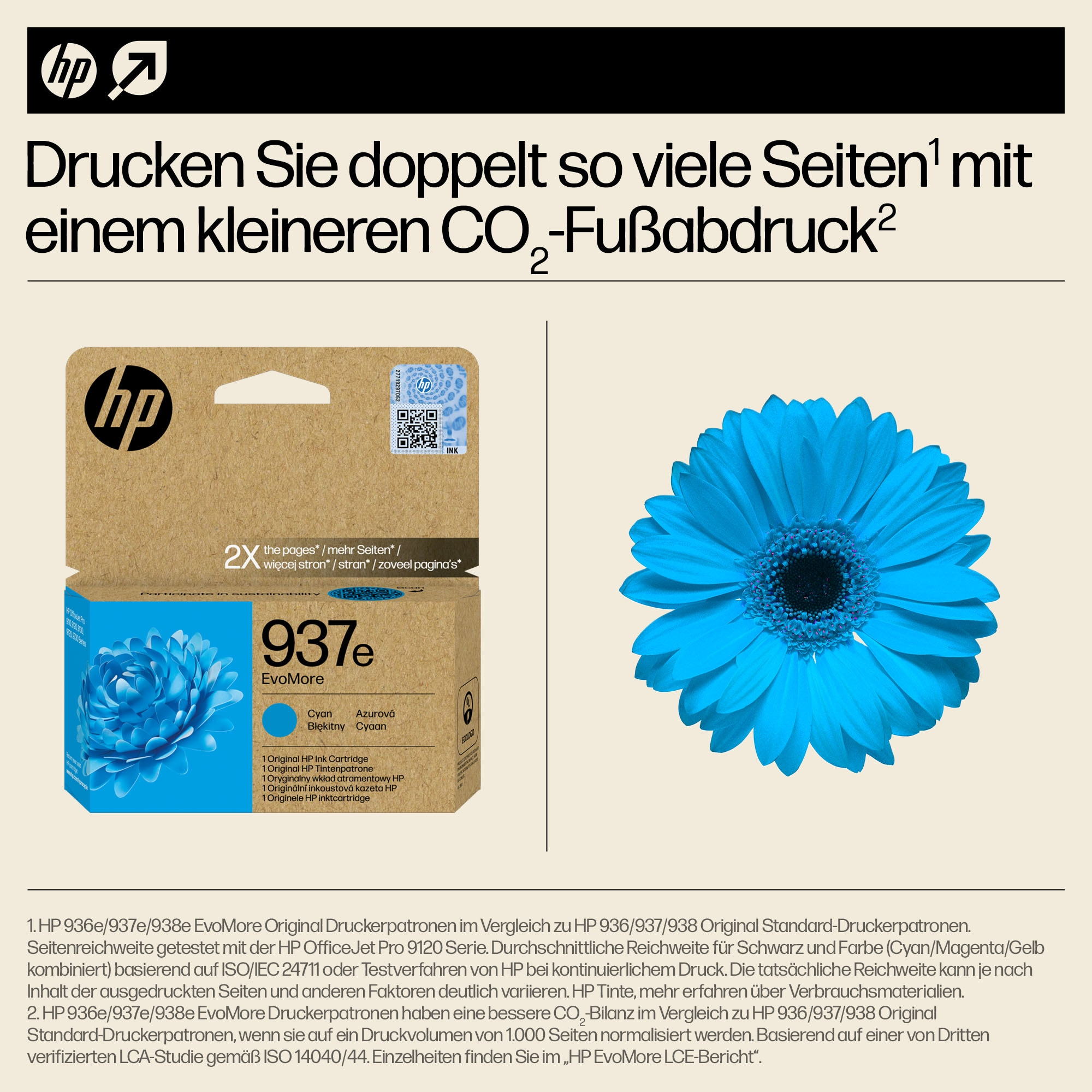 Zyan-Tintenpatrone mit blauer Blume und Text auf Spanisch.