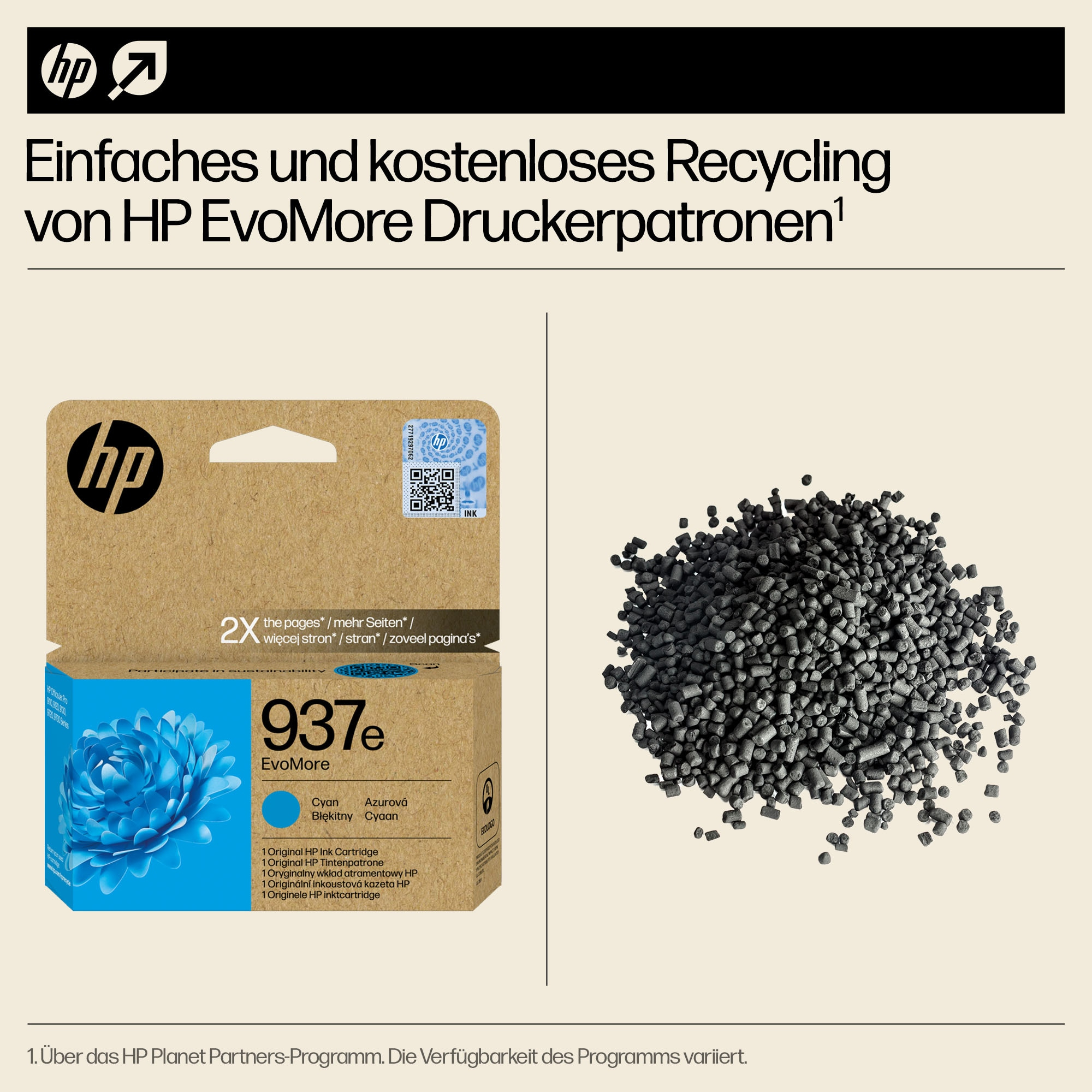 Tintenpatrone und recyceltes Plastik. Text über das Recycling von HP-Patronen.