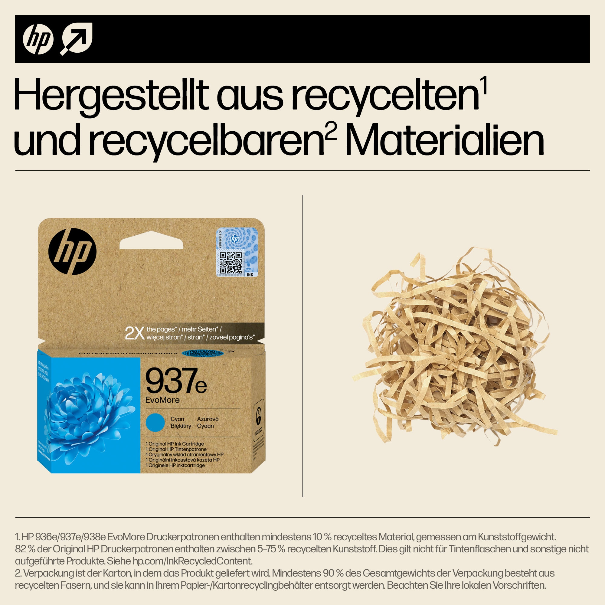 Tintenpatronenbox mit Text zu recycelten Materialien und geschreddertem Papier.