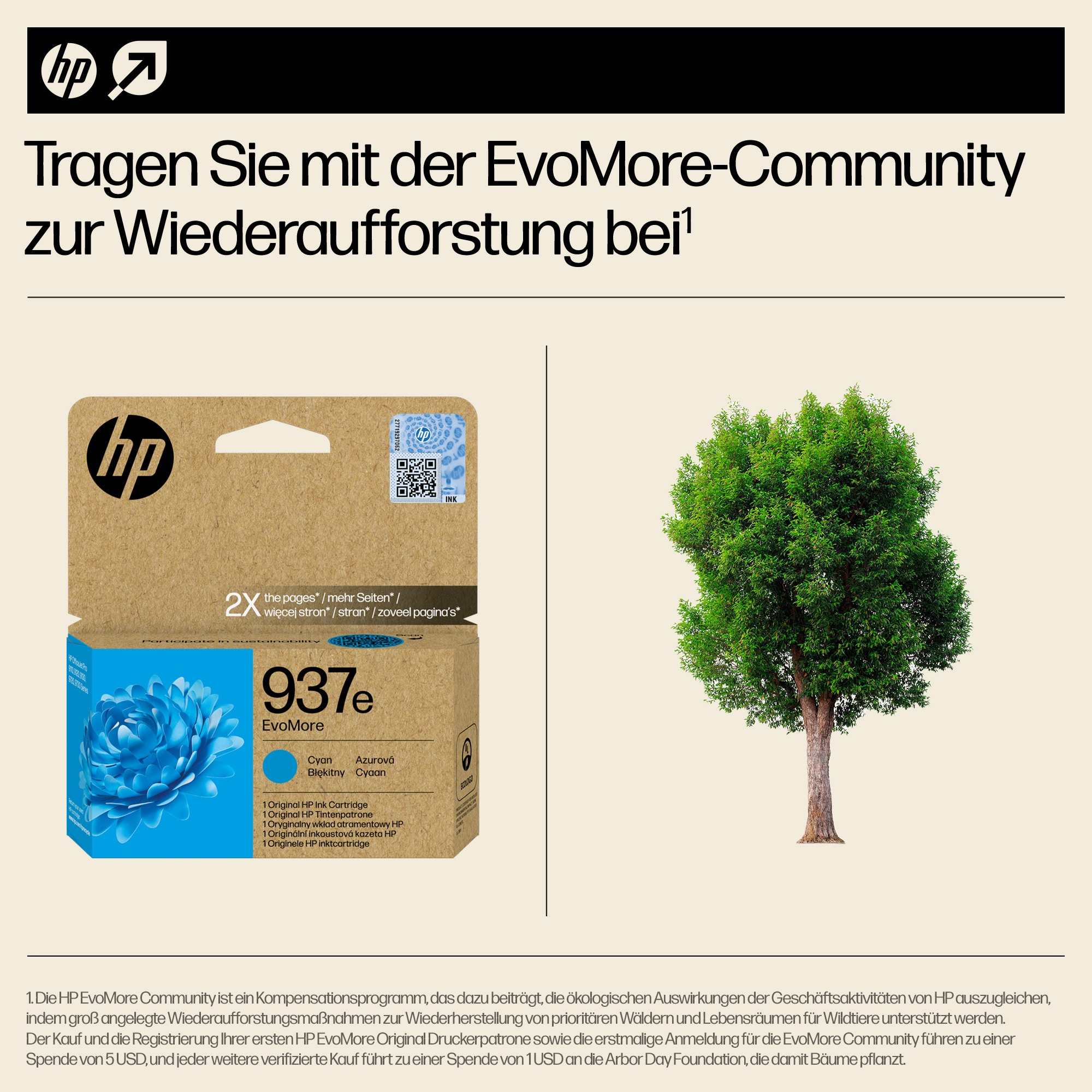 HP EvoMore Tintenpatrone neben einem Baum. Text auf Deutsch zur Unterstützung der Wiederaufforstung.