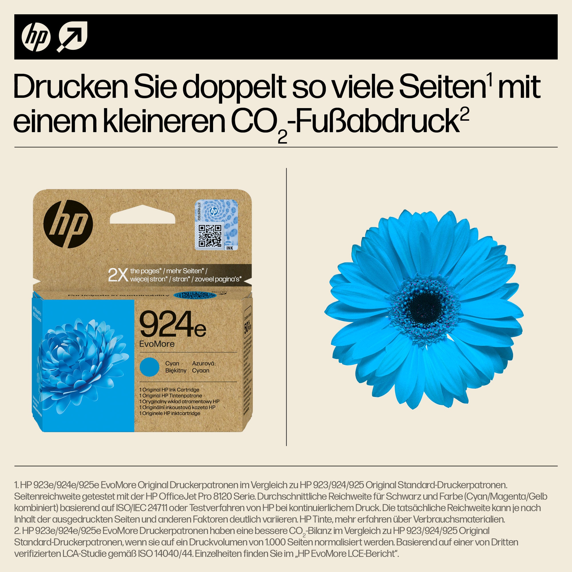 Eine HP-Tintenpatronenbox neben einer blauen Blume. Text auf der Box und Blume ist sichtbar.