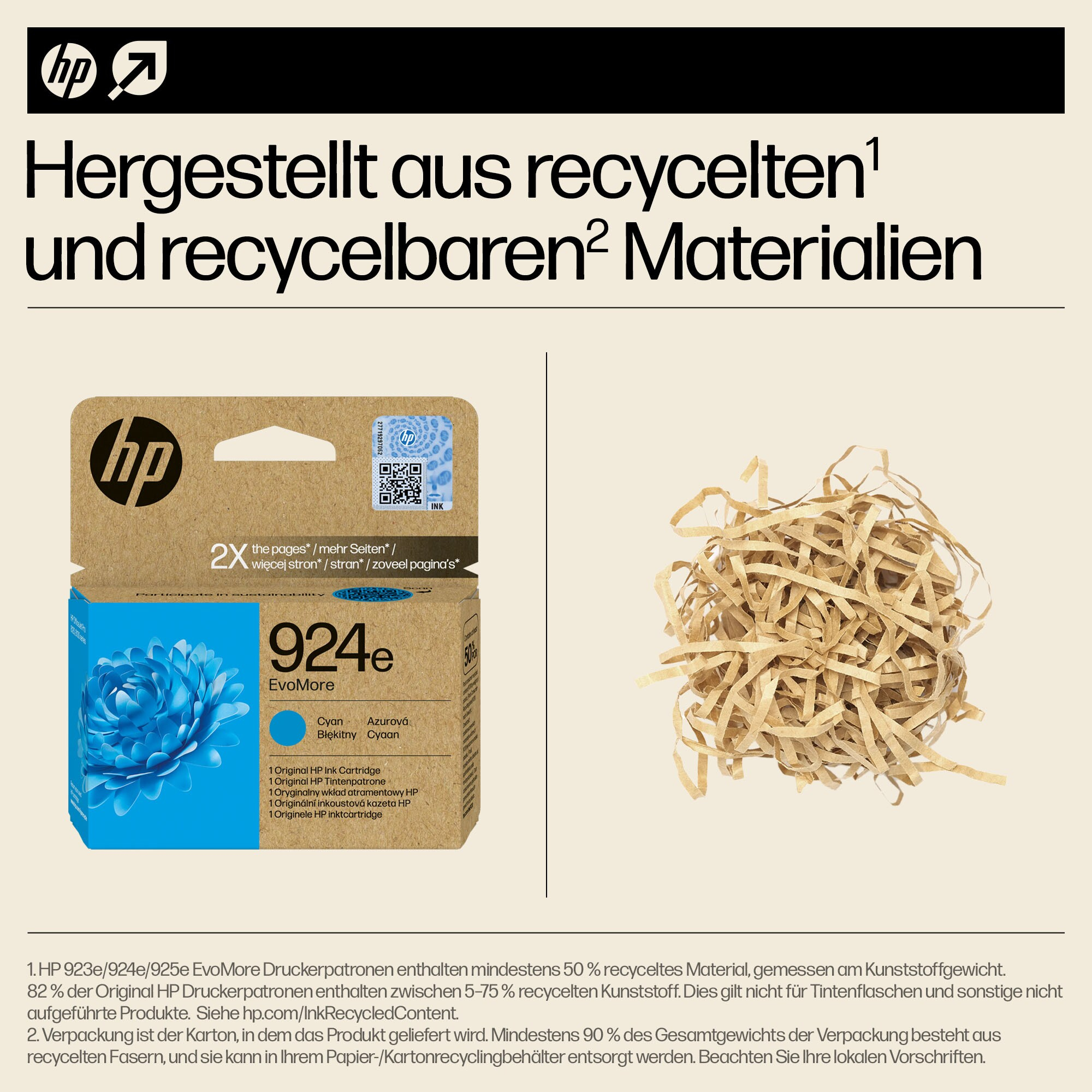 Eine HP-Tintenpatronenbox mit einer Blume und geschreddertem Papier.