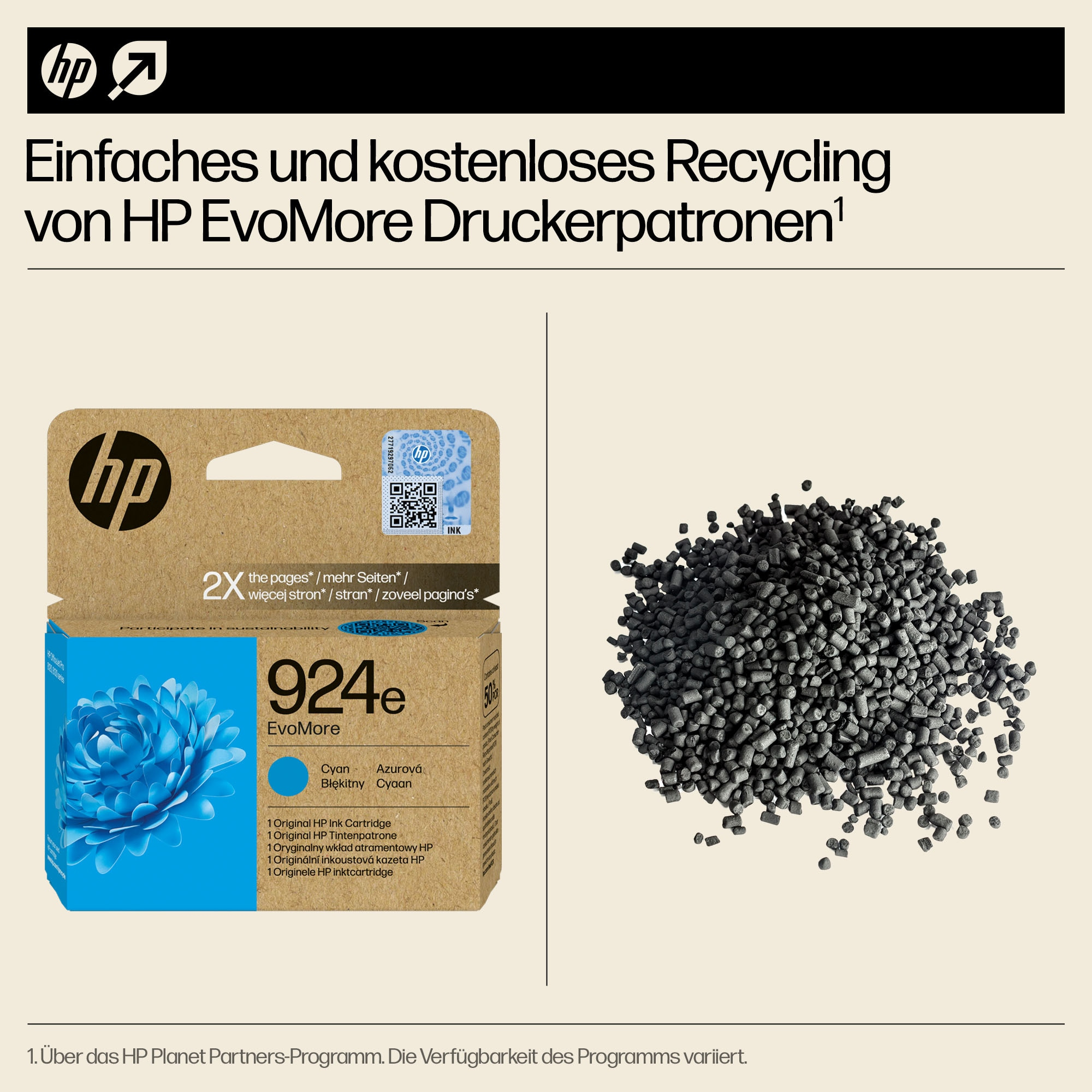 Einfaches und kostenloses Recycling von HP EvoMore Druckerpatronen.