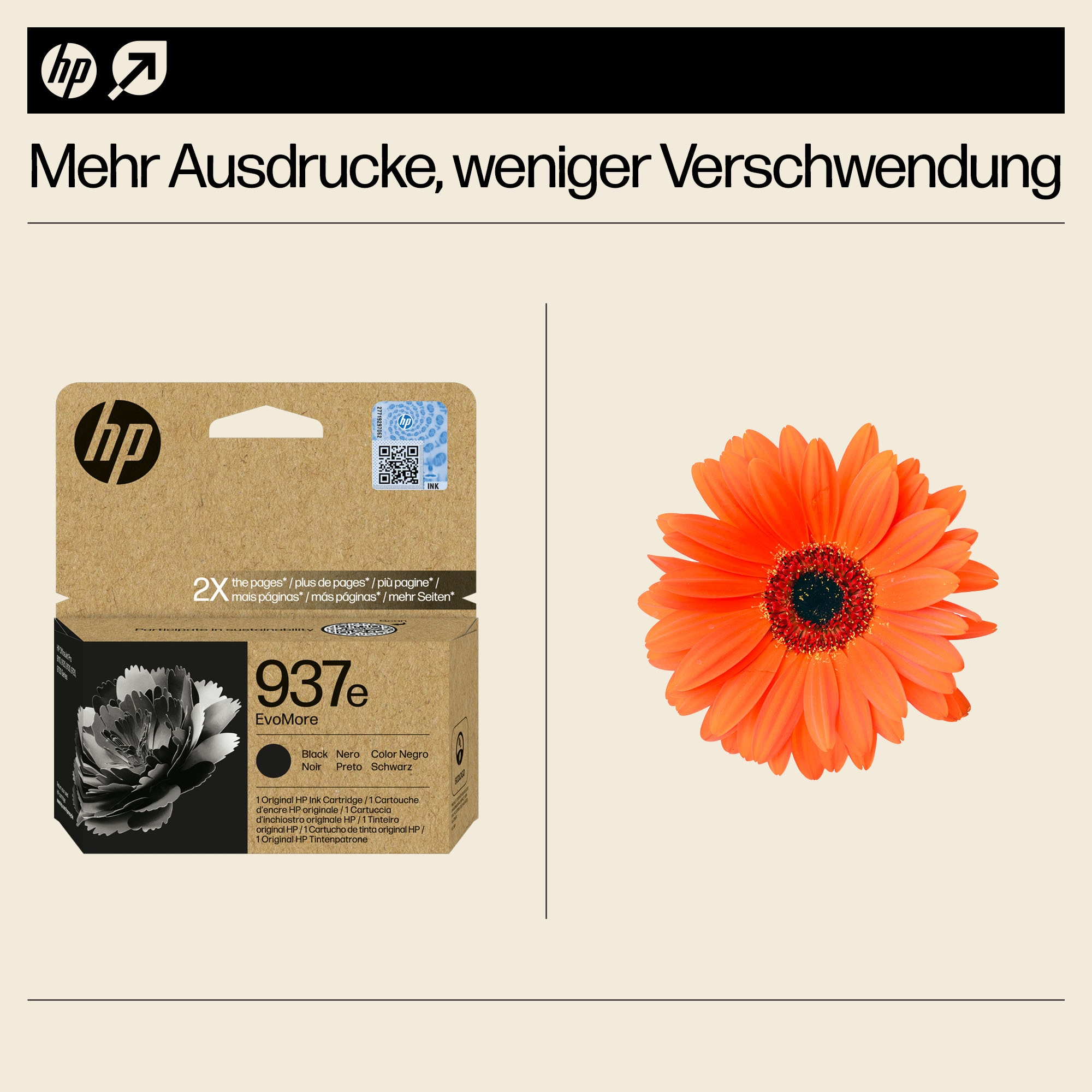 Eine HP-Tintenpatronenbox und eine orangefarbene Blume.
