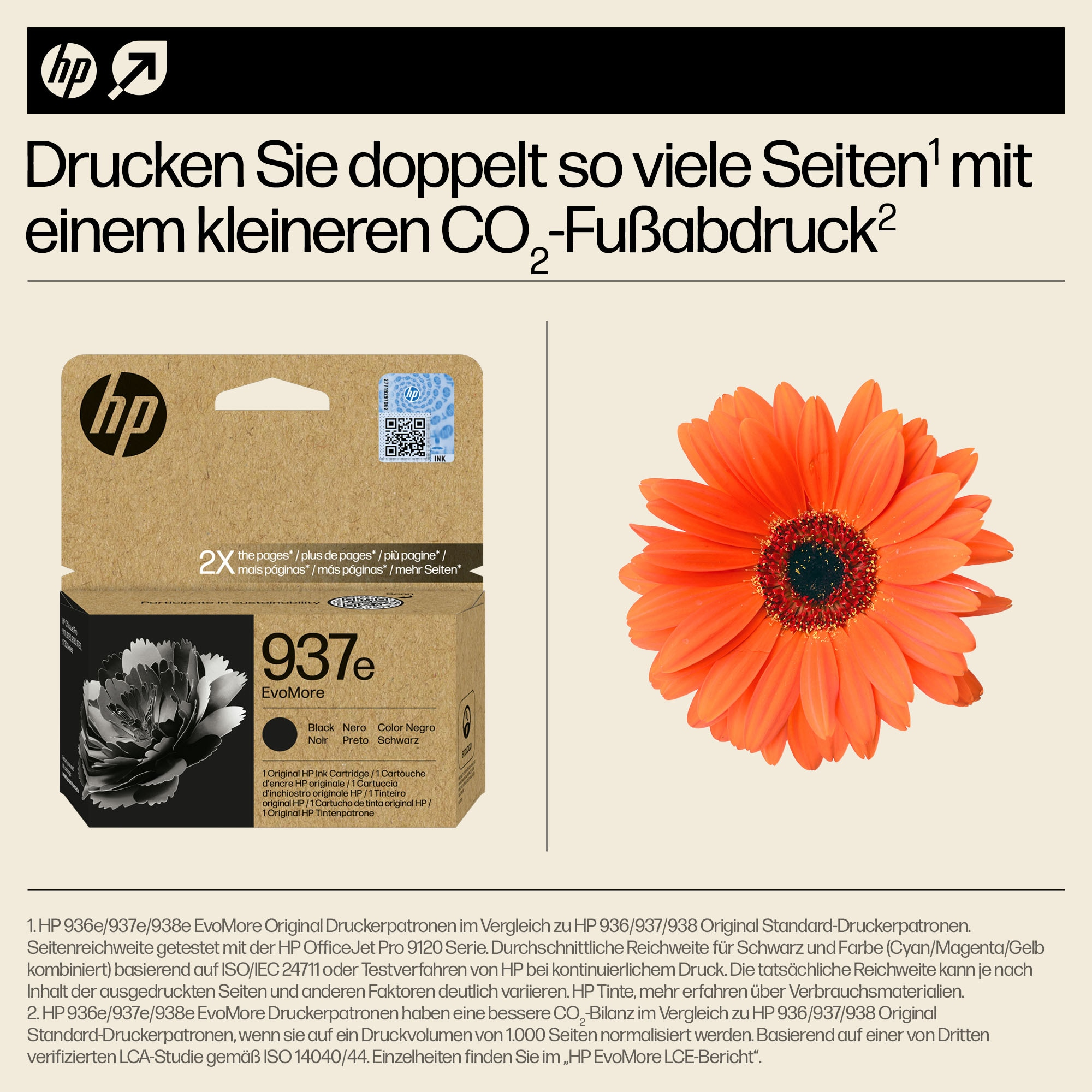 Produktaufnahme einer Tintenpatrone und einer Gerbera. Text über das Drucken weiterer Seiten wird angezeigt.