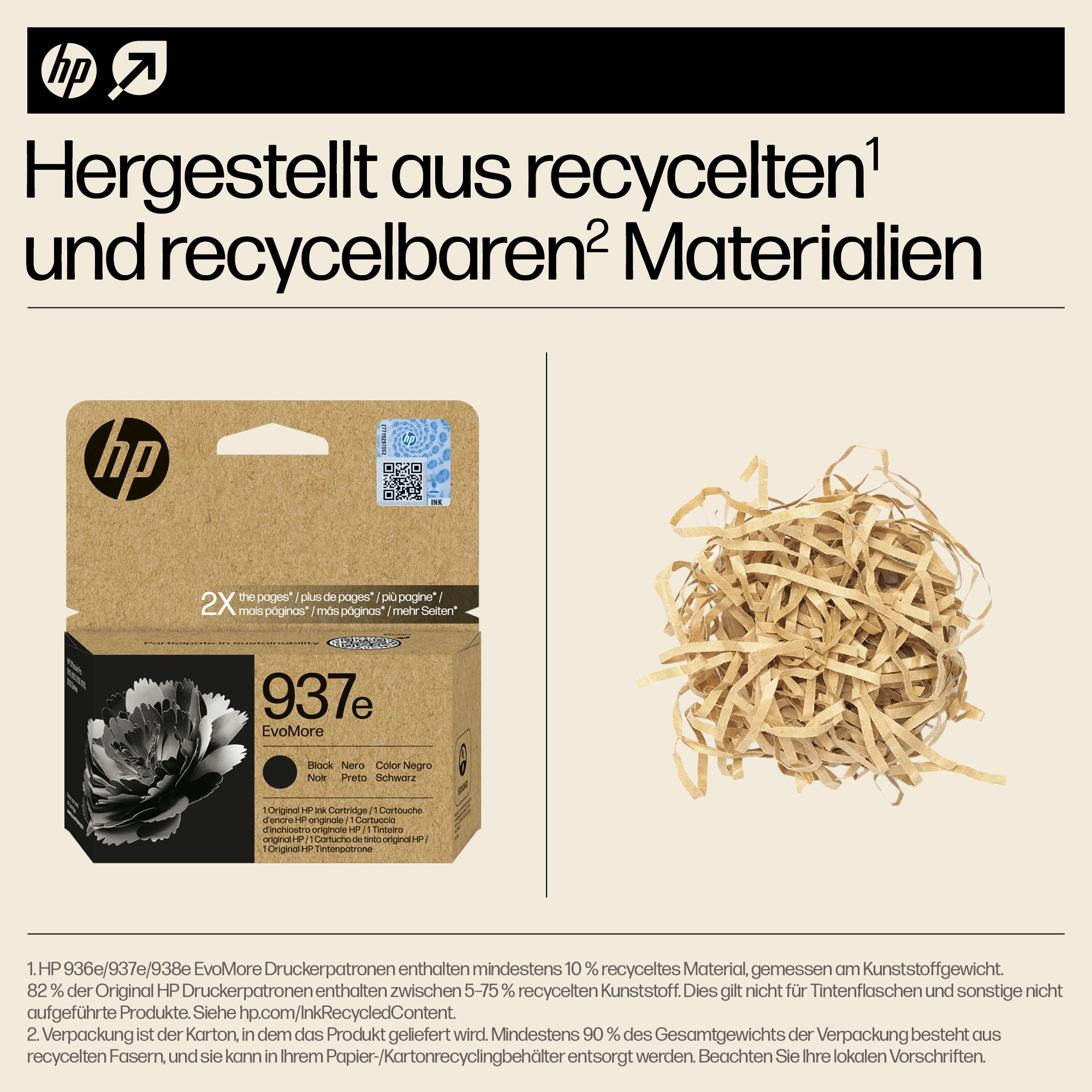 Eine HP Tintenpatronenbox und geschreddertes Papier. Text über recycelte Materialien ist sichtbar.