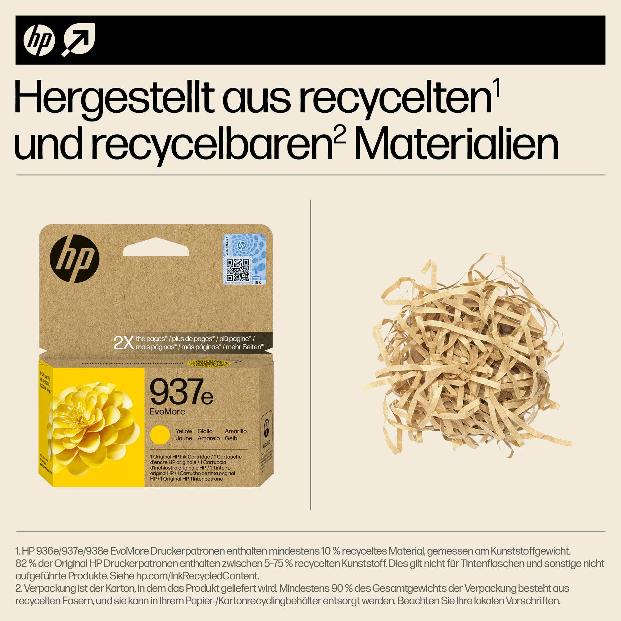 HP Tintenpatronenverpackung mit gelber Tinte und Text zu Recyclingmaterialien.