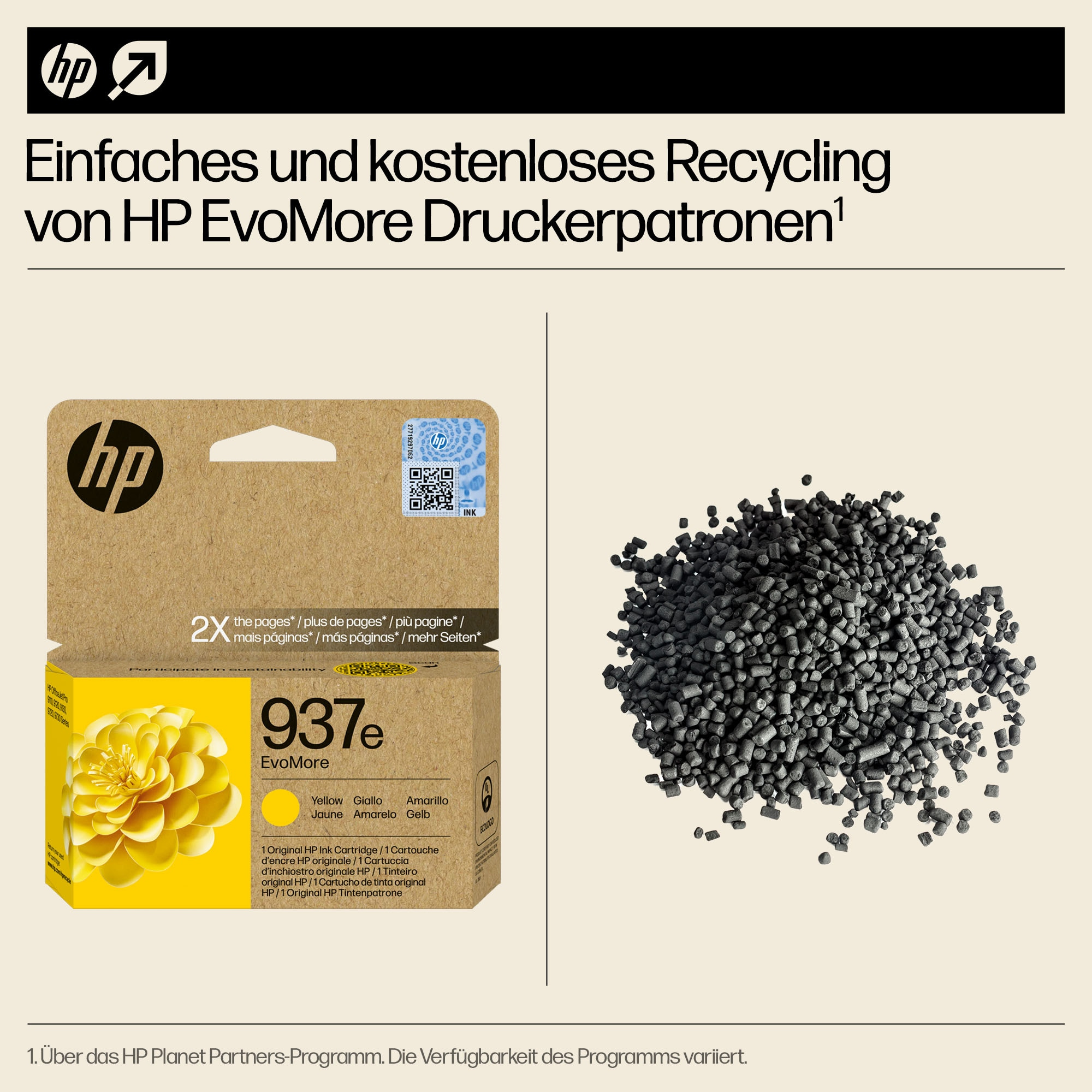 HP-Tintenpatronenbox. Schwarze Punkte rechts. Text auf Deutsch: Einfaches und kostenloses Recycling.