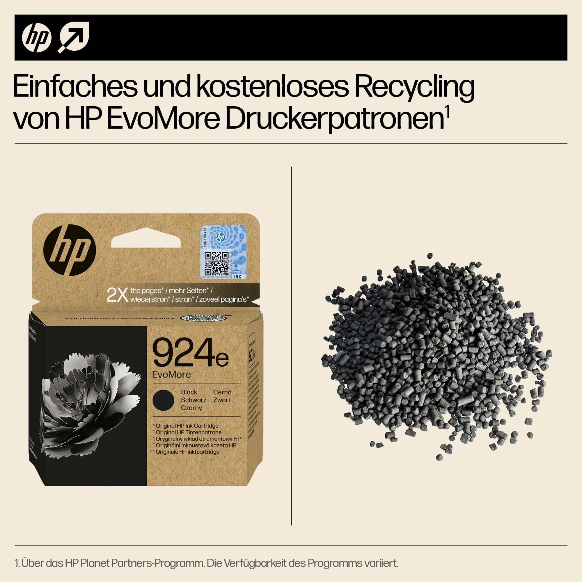 HP EvoMore Druckerpatronenverpackung und Haufen schwarzer Kunststoffpellets.