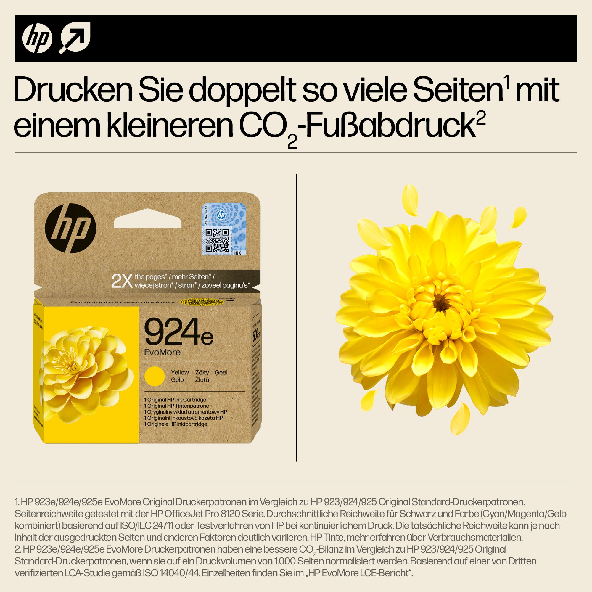 Eine gelbe Blume mit gelben Blütenblättern mit Text und Produktverpackung.