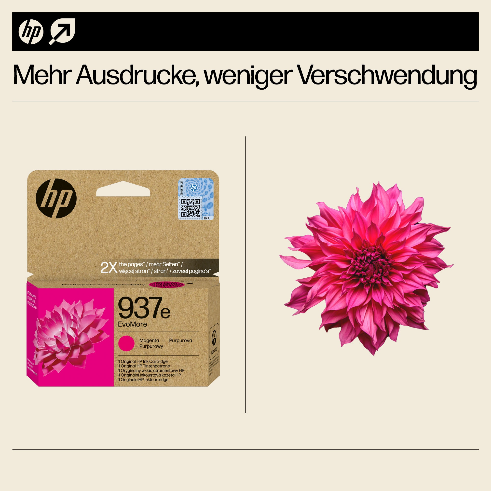 Tintenpatrone und rosa Blume auf hellem Hintergrund.