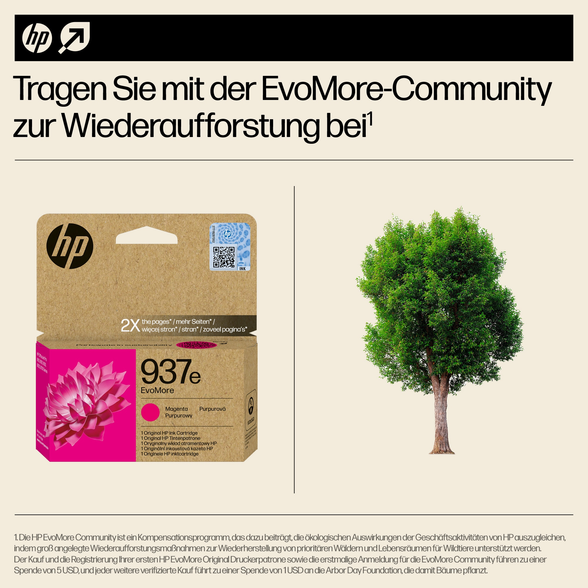 Druckerpatronenverpackung mit Baumgrafik, Text und QR-Code.