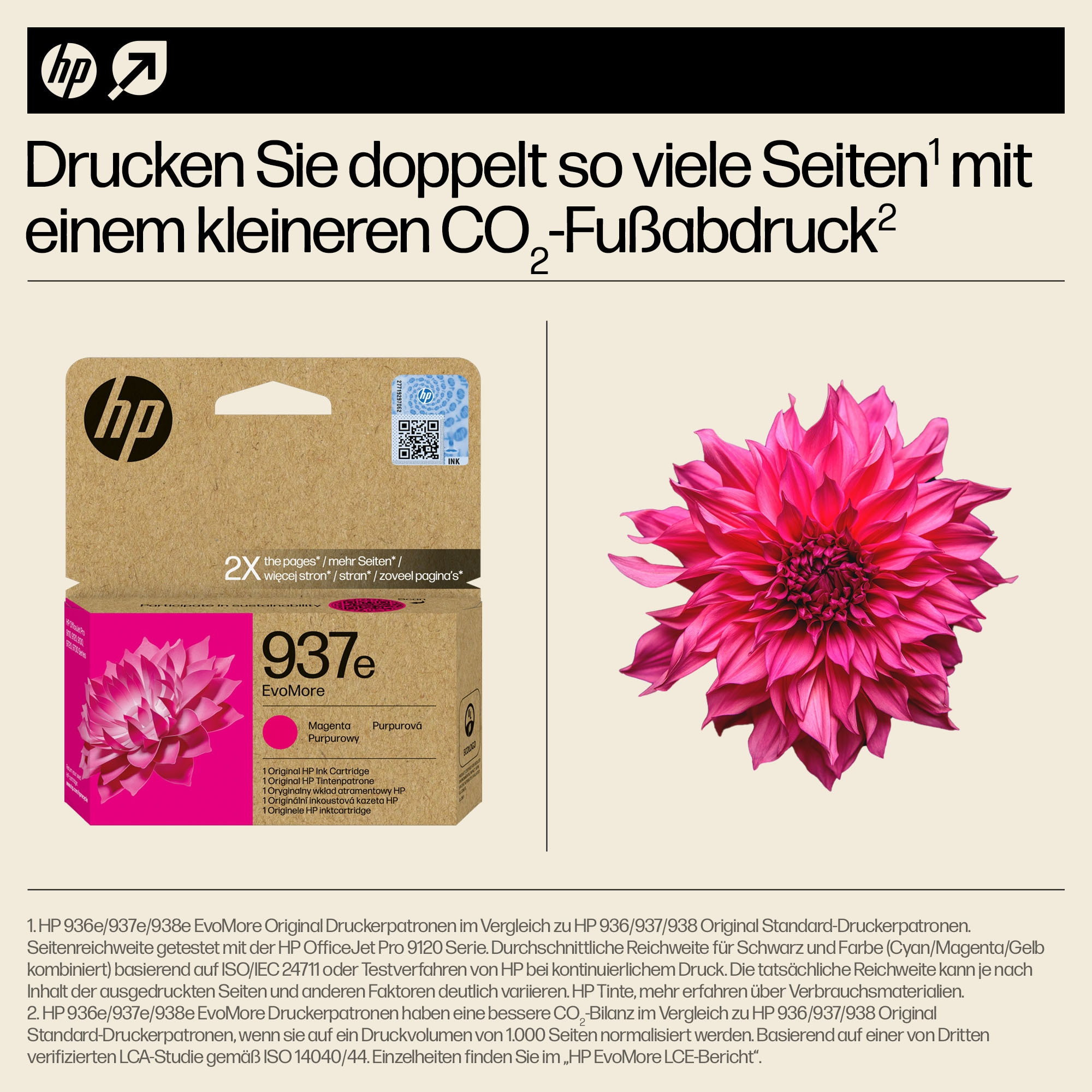 Eine HP-Tintenpatronenbox und eine rosa Blume.