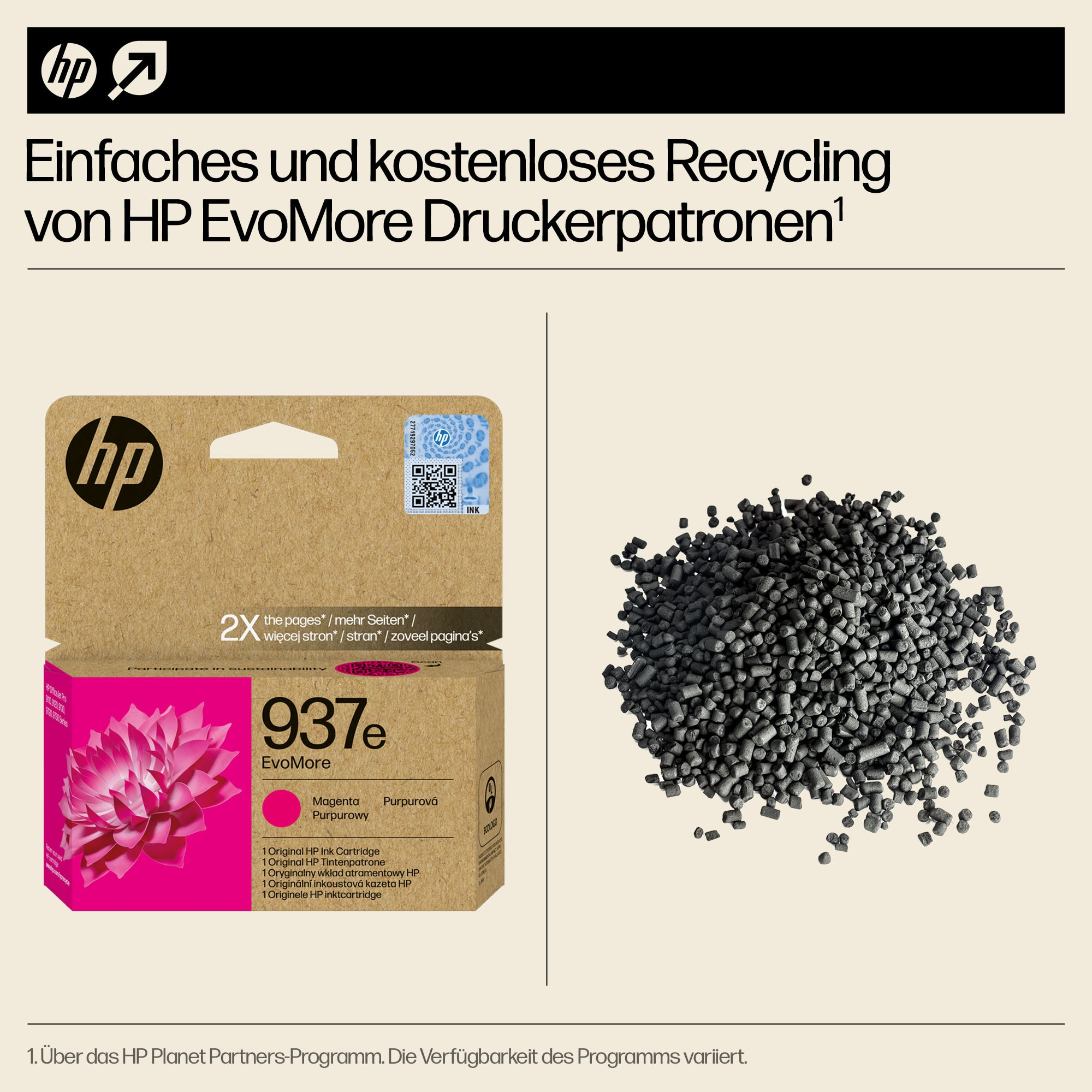 Eine HP-Tintenpatronenbox mit einer magentafarbenen Blume und einem Haufen schwarzer Pellets. Die Box ist braun.