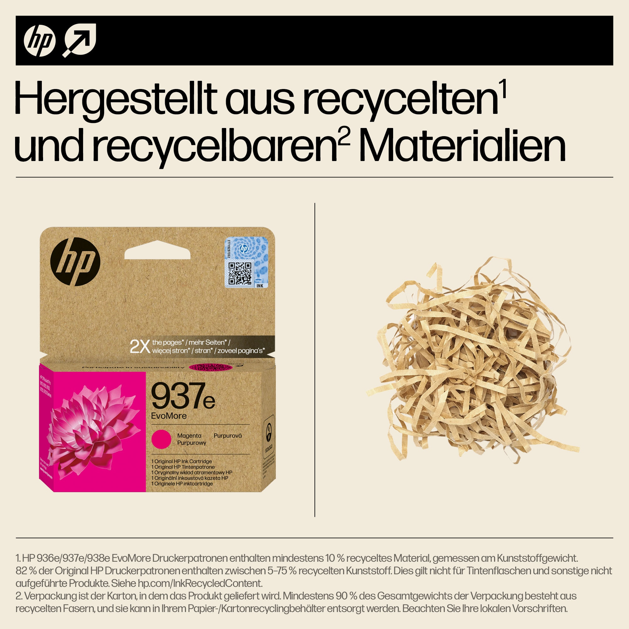 Rosa Tintenpatrone und geschreddertes braunes Papier auf weißer Oberfläche.