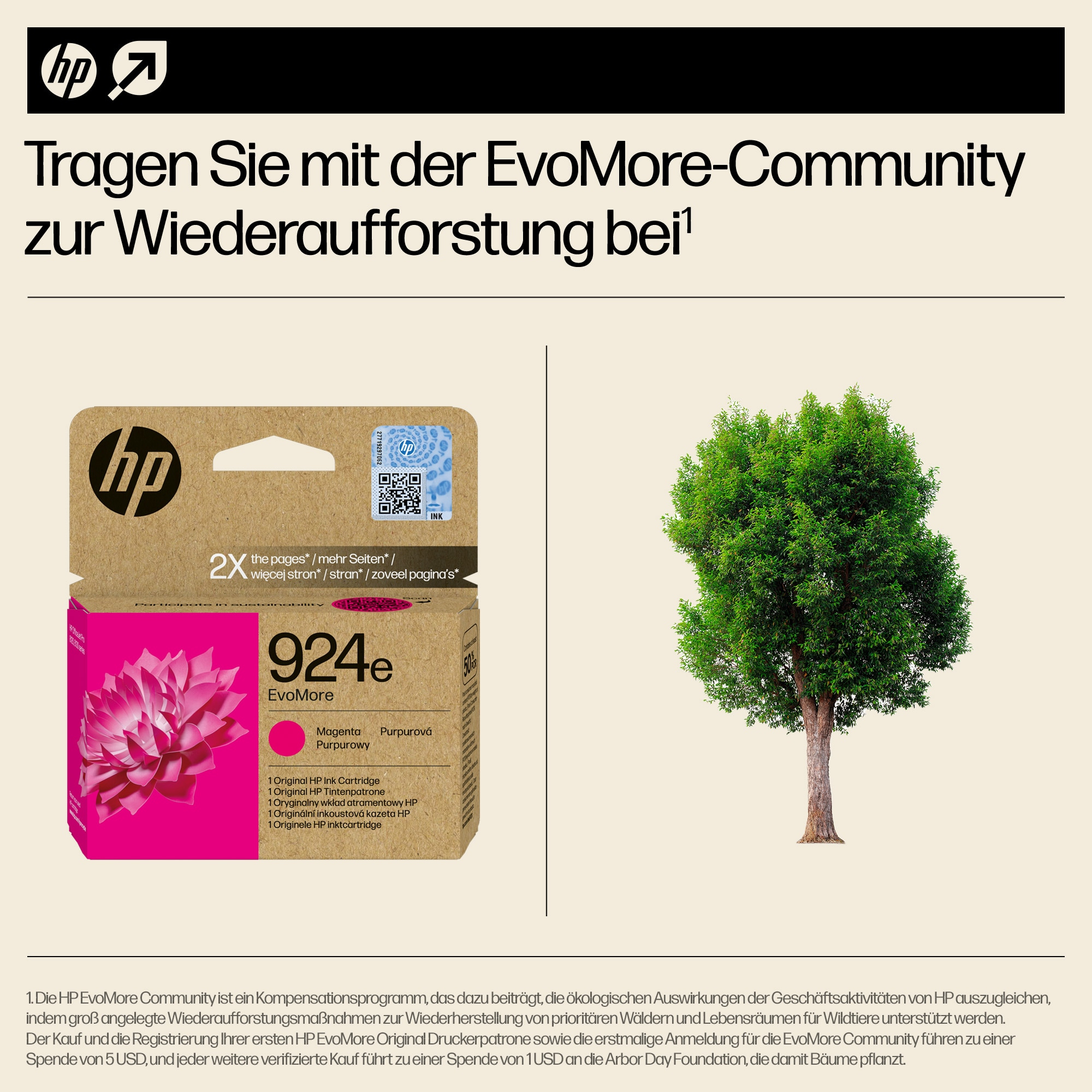 HP-Druckpatronenbox, ein Baum und Text: Beitrag zur Wiederaufforstung.