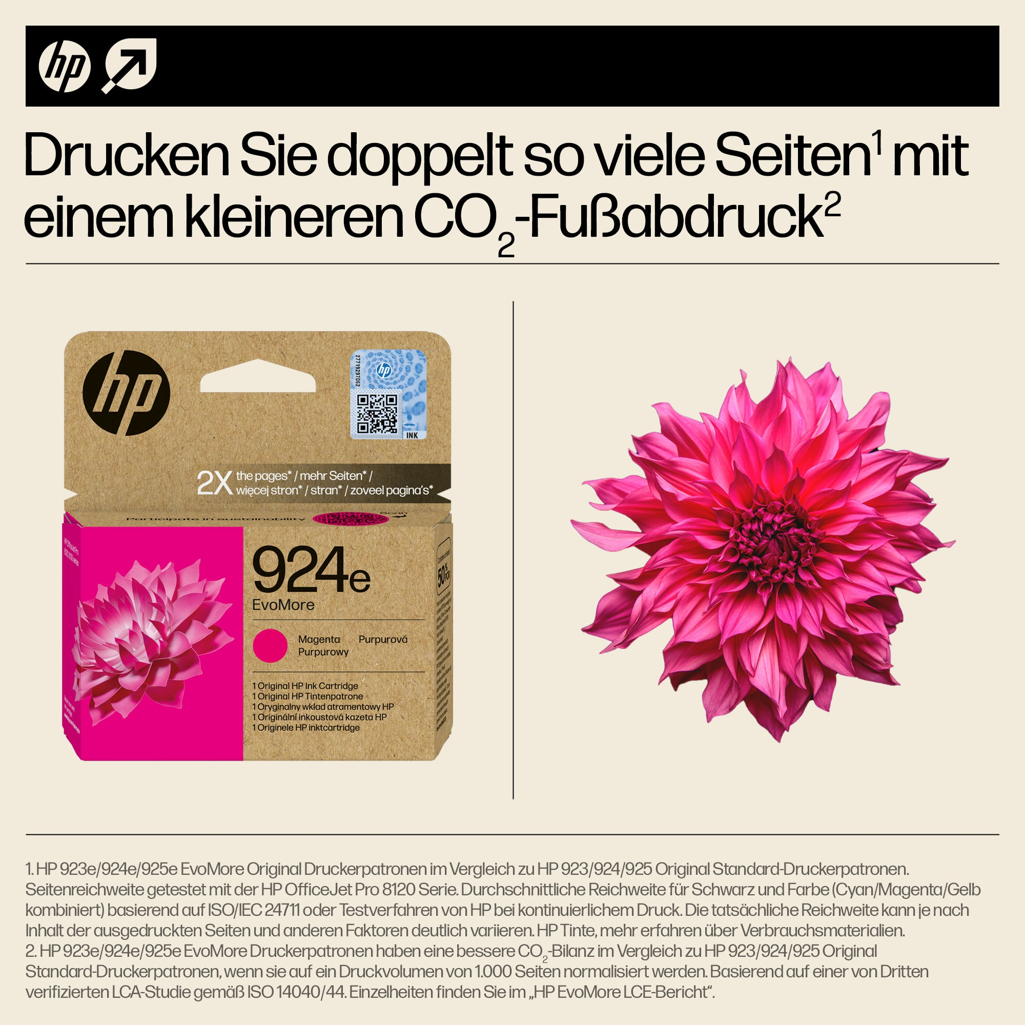 Eine rosa Tintenpatrone und eine rosa Blume mit Text über das Drucken weiterer Seiten.