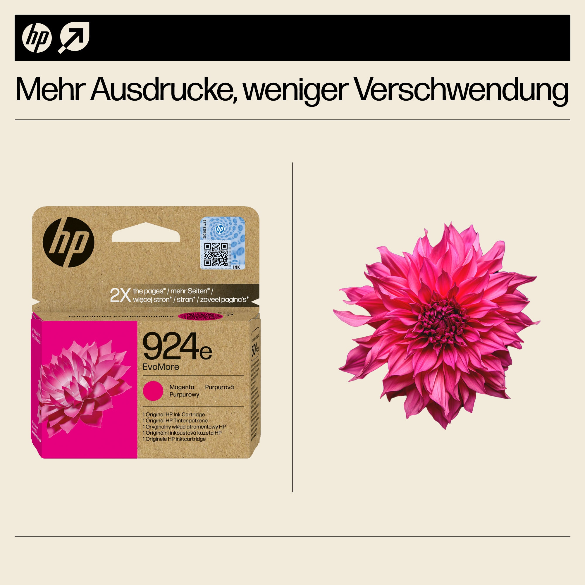 Eine magenta Tintenpatronenbox und eine magenta Blume. Der Text "Mehr Ausdrücke, weniger Verschwendung" ist sichtbar.
