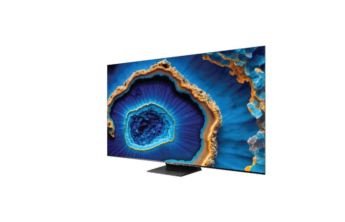 Renkli soyut bir görüntü gösteren büyük ekran bir TV.