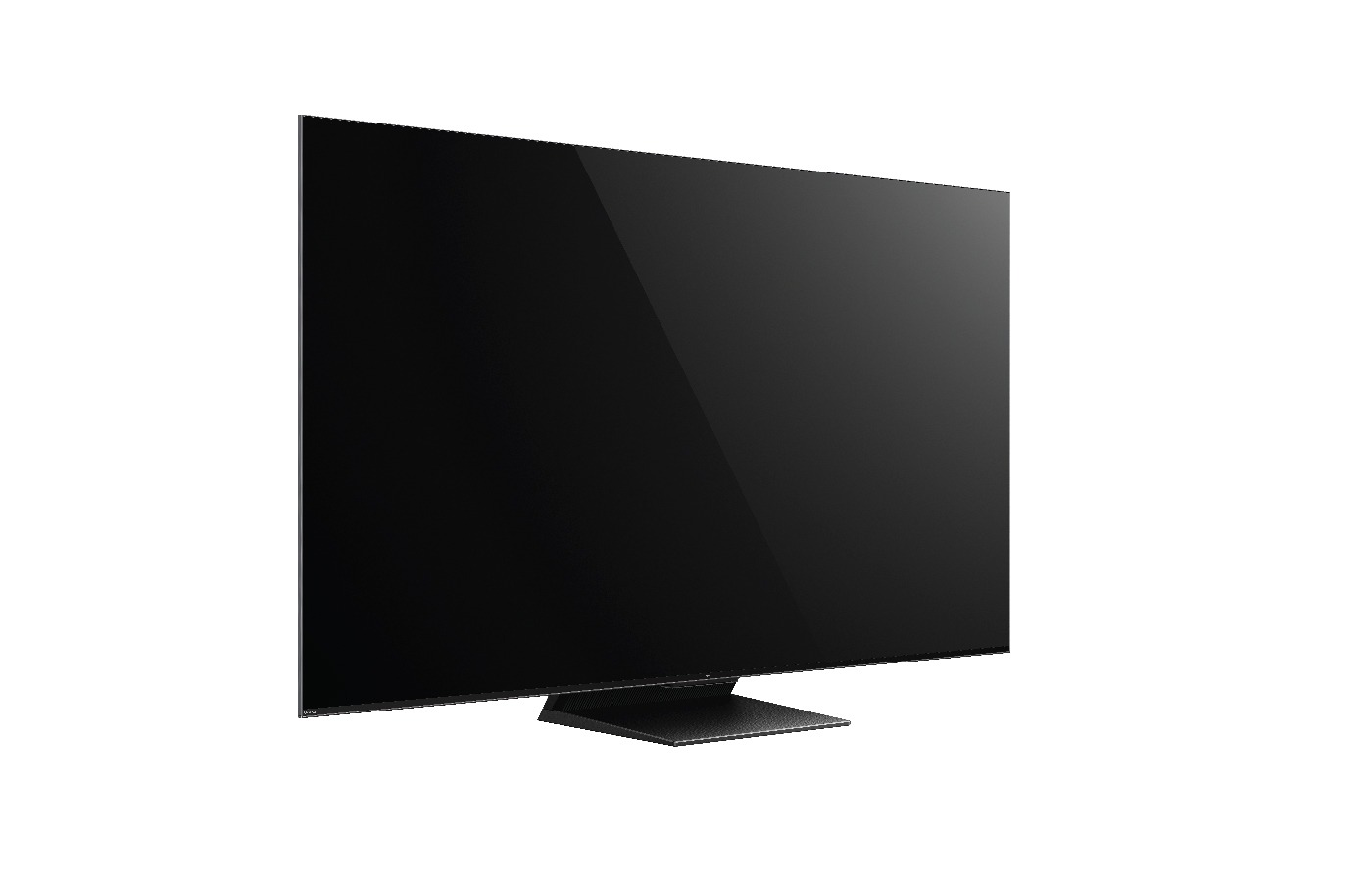 Siyah ekrana sahip, ayaklı büyük siyah TV, açılı görünüm.