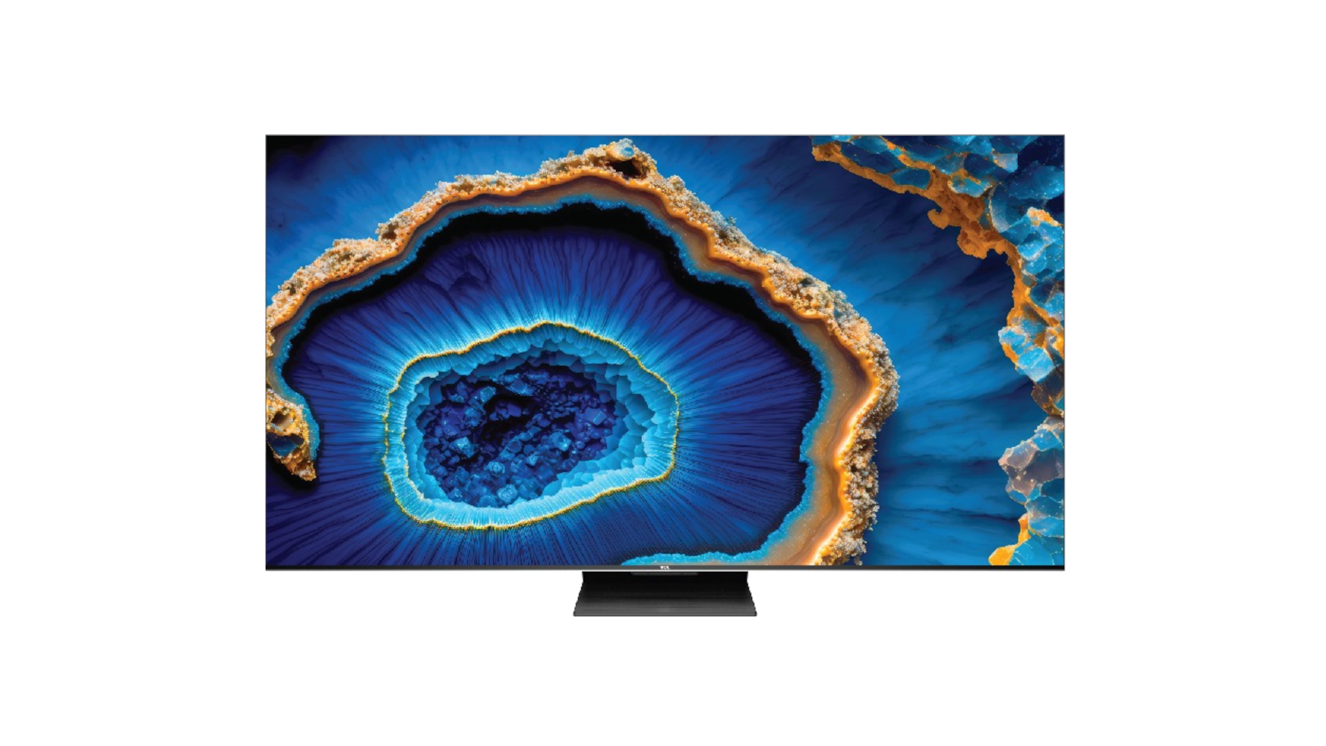 Siyah bir arka plan üzerinde, renkli soyut bir görüntü sergileyen bir TV ekranı.