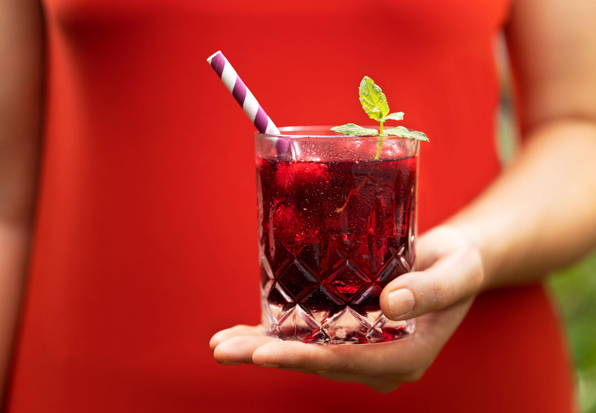 Eine Person hält ein Glas roten Cocktails mit Strohhalm und Minzdekor.