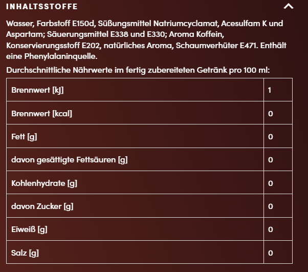 Nährwerttabelle auf Deutsch, Energie, Fett, Kohlenhydrate und Salzgehalt auflistend.
