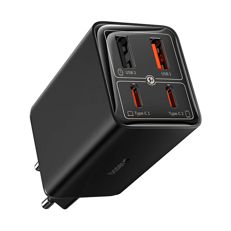 Elektronik cihazları şarj etmek için çoklu USB ve Type-C bağlantı noktalarına sahip siyah Baseus şarj cihazı.
