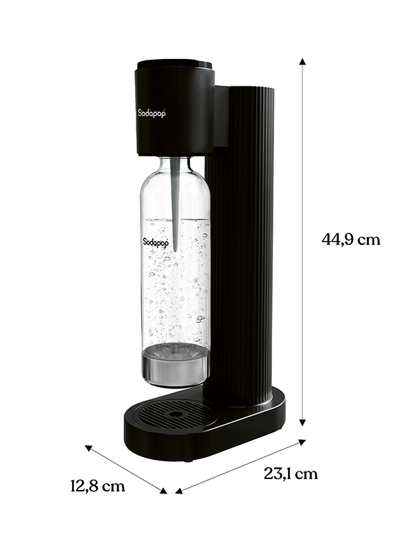 Schwarzer SodaPop-Soda-Maker mit beschrifteten Abmessungen auf weißem Hintergrund.