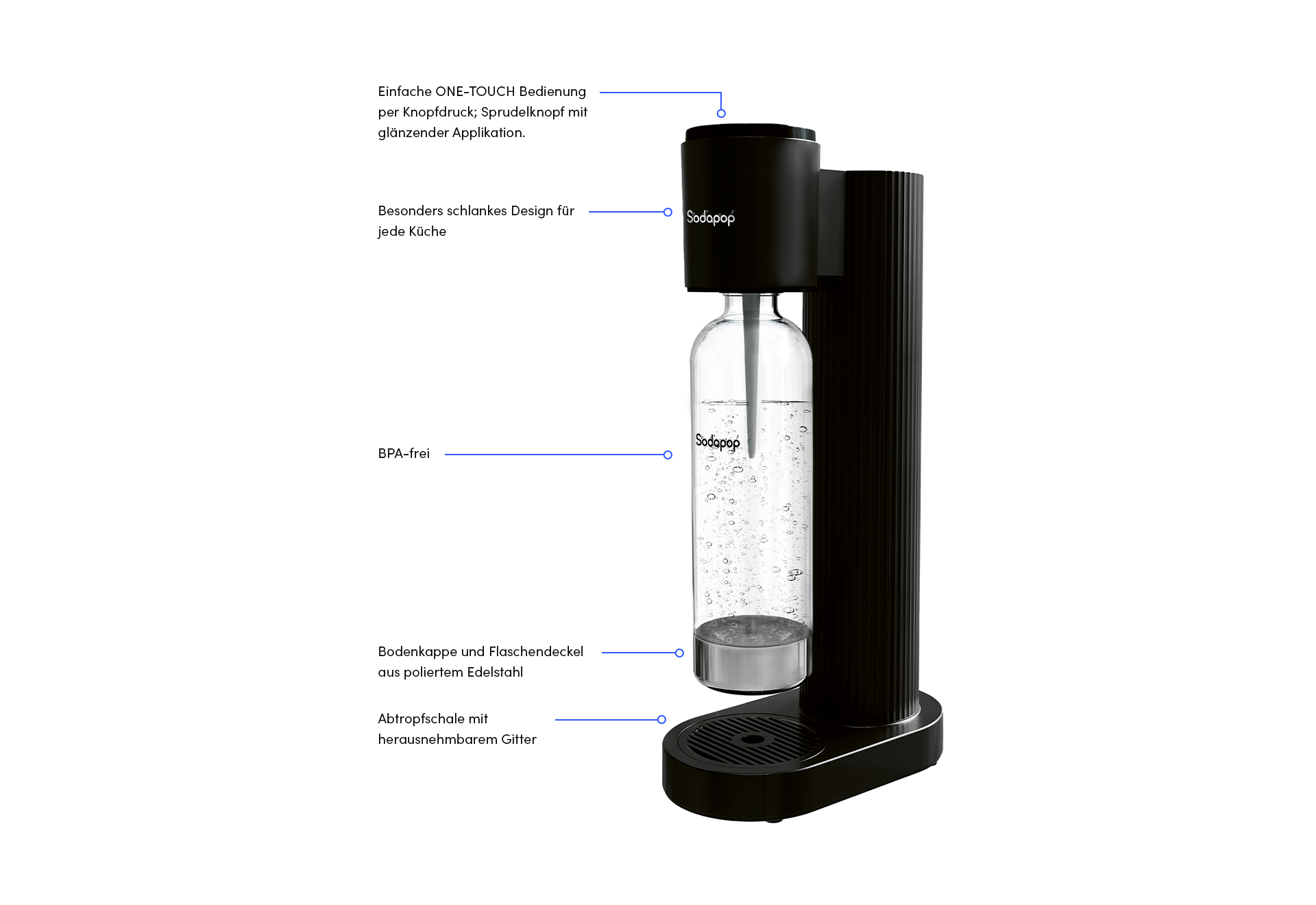 Schwarzer Soda-Maker mit Glasflasche. Es hat Textlabels für Funktionen wie BPA-frei und One-Touch-Bedienung.