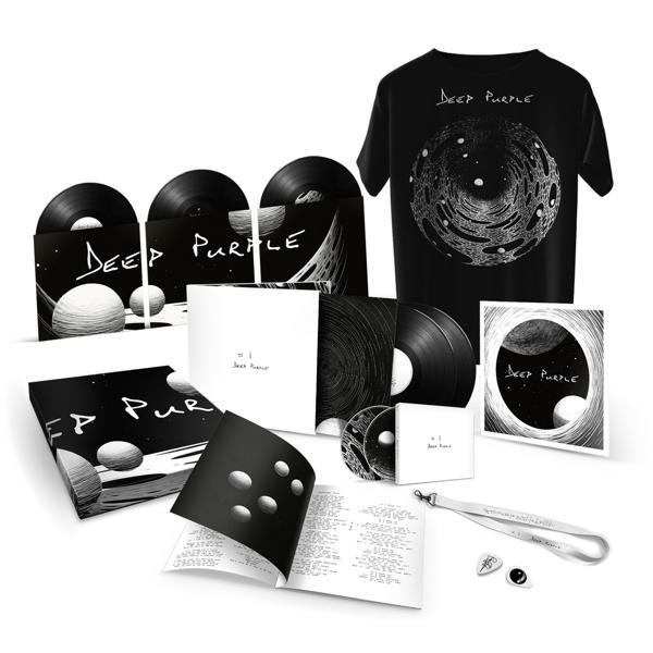 Deep Purple album készlet, bakelit lemezekkel, CD-kkel, pólóval és egyéb Deep Purple emléktárgyakkal.