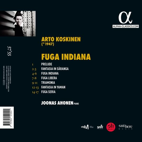 CD-Cover für Arto Koskinens 'Fuga Indiana'. Enthält ein Schwarz-Weiß-Foto eines Mannes.
