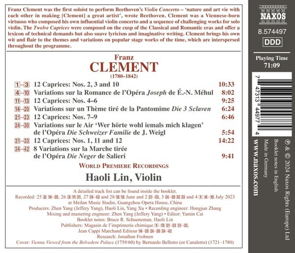 CD-Cover mit Trackliste, Komponist Franz Clement, Geigerin Haoli Lin und Naxos-Logo.